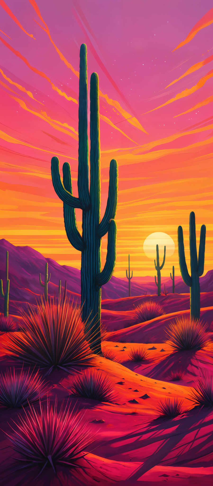 The image showcases a vibrant desert landscape during sunset. The sky is painted in hues of pink, orange, and purple, with streaks of yellow and blue. The sun is depicted as a radiant orb, casting a warm glow over the scene. The foreground features a prominent saguaro cactus with multiple arms, standing tall against the backdrop of the setting sun. The desert floor is adorned with tufts of yellowish-green grass and smaller cacti, reflecting the colors of the sky. Rolling hills and mountains can be seen in the distance, silhouetted against the fiery horizon.