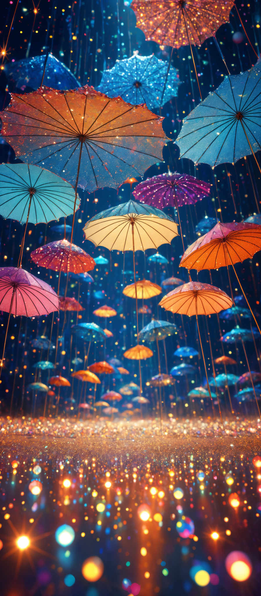 The image showcases a vibrant and colorful display of umbrellas suspended in the air, set against a backdrop of a starry night sky. The umbrella canopies come in a variety of hues, including blue, orange, pink, and purple. They are arranged in a somewhat random manner, creating a sense of depth and dimension. The ground is adorned with multicolored light particles, reflecting off the umbreLLAs and adding to the overall luminosity of the scene.