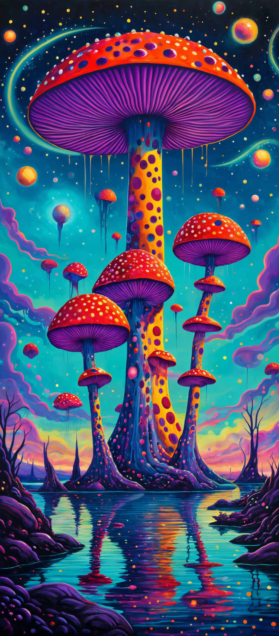 The image showcases a vibrant and surreal landscape dominated by large, towering mushrooms. These mushroom structures have a vivid red cap adorned with white spots, and a long, slender purple stem. The underside of the caps is also painted in a gradient of purple, transitioning to a bright yellow at the base. The mushrooms are surrounded by a celestial backdrop with floating planets, stars, and nebulae. The sky is painted in hues of blue, purple and pink, reflecting on a serene body of water below. The landscape is dotted with smaller mushroms and trees, and the entire scene is illuminated by a soft, ethereal light.