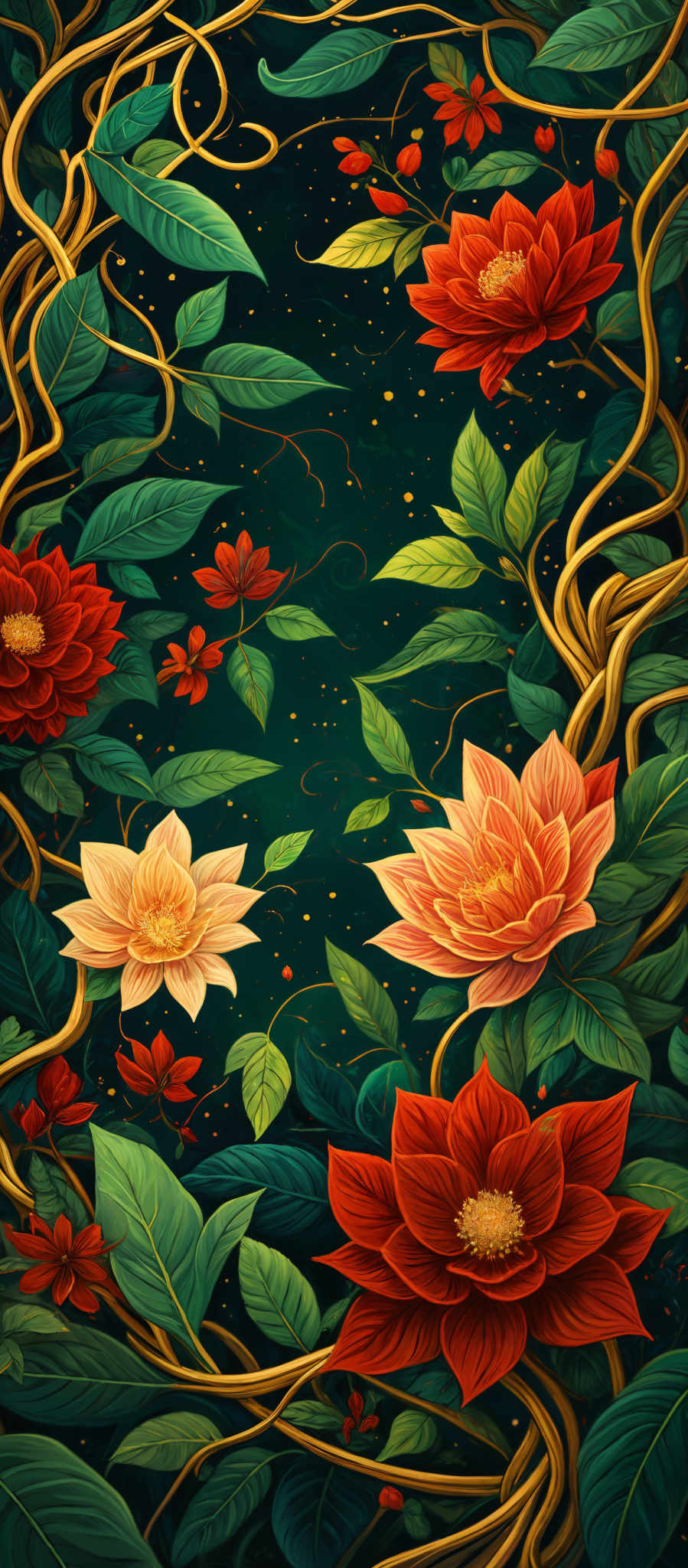 The image showcases a rich and vibrant floral pattern. The dominant colors are deep green, red, and gold. The flowers are large, with intricate petal details, and come in shades of red and peach. The leaves are broad and green, intertwined with golden intertwining vines. The background is a deep, dark green, dotted with small golden specks, giving the impression of a night sky or a starry night.