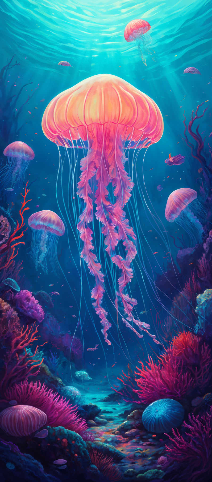 The image showcases a vibrant underwater scene. Dominating the center is a large, translucent jellyfish with an orange hue, its delicate tentacles trailing downwards. Surrounding the jelly fish are smaller fish, swimming in various directions. The water is a deep blue, with sunlight filtering from above, creating a shimmering effect. The seabed is adorned with a variety of corals in shades of pink, purple, and red, interspersed with some rock formations. The overall ambiance is serene and mystical, capturing the beauty and mystery of the ocean depths.