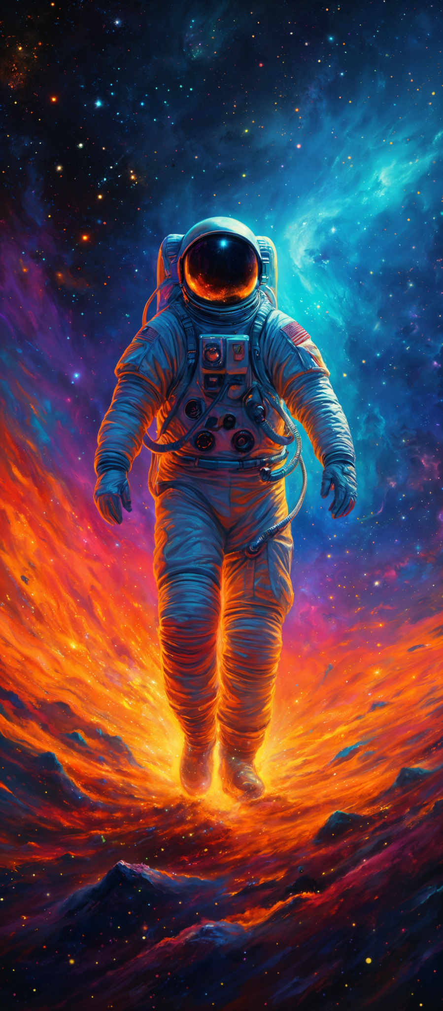 The image showcases a vibrant cosmic scene with a myriad of colors ranging from deep blues and purples to fiery oranges and reds. Dominating the center is an astronaut in a spacesuit, floating against the backdrop of a nebula. The astronaut's suit is detailed with various equipment and patches, and the helmet reflects the surrounding cosmic beauty. The ground beneath the astronaut appears to be a fiery, molten landscape, contrasting with the cooler colors of the space above.