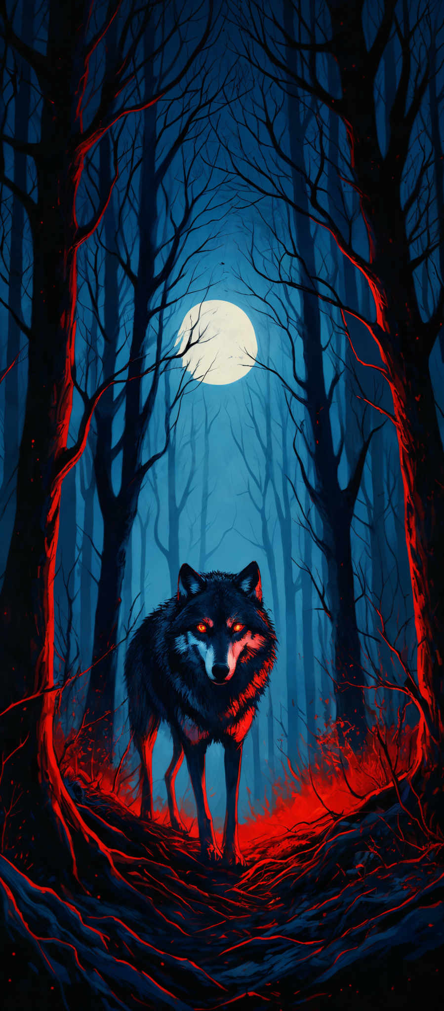 The image predominantly features a deep blue hue, creating a nighttime ambiance. The trees are tall and slender, with their branches reaching out in various directions. The ground is covered in red, possibly depicting fallen leaves or embers, adding a fiery touch to the scene. In the center, there's a wolf with a dark coat, its eyes glowing a bright yellow. The wolf appears to be walking on a pathway that is also covered in the red substance. The moon, or a bright light source, is visible in the background, casting a soft glow over the entire scene.