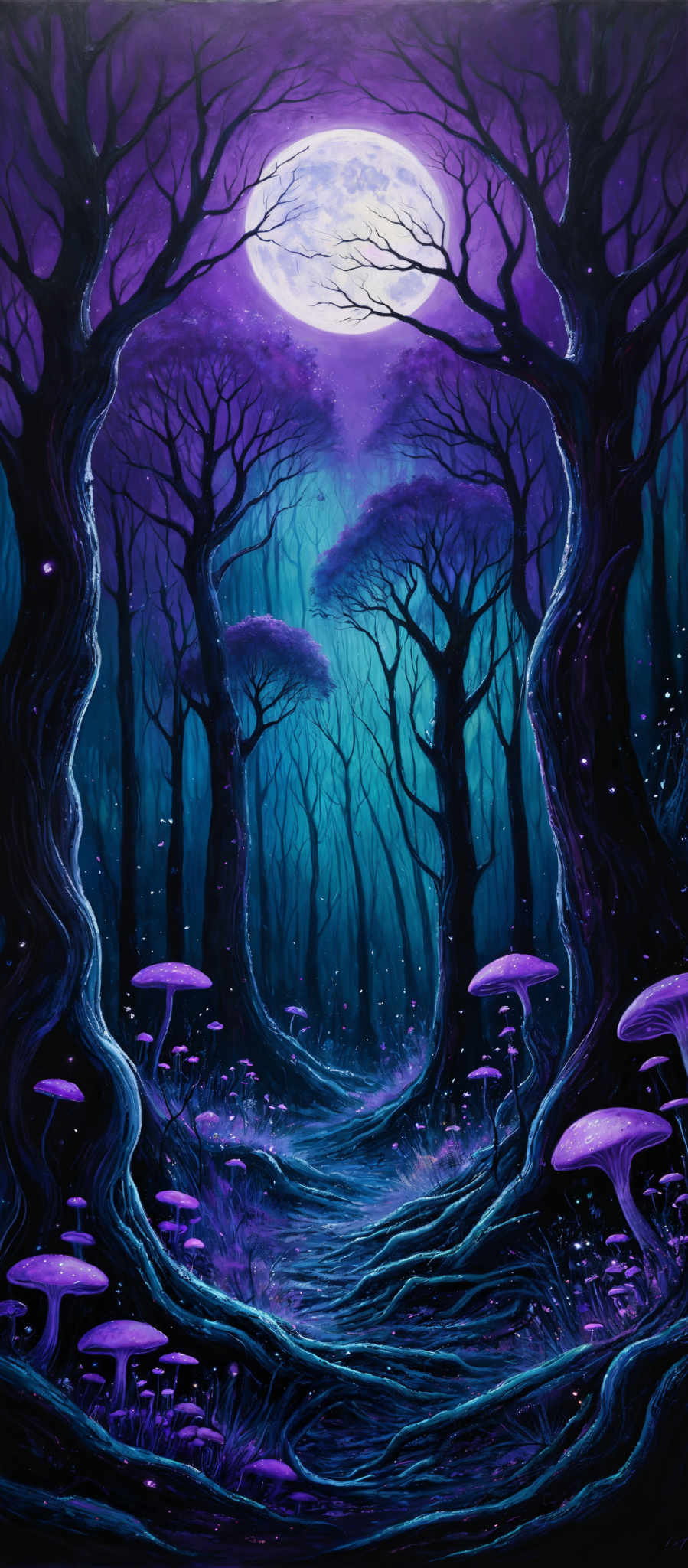 The image showcases a mystical forest scene with a dominant purple and blue hue. The trees are tall and twisted, with their branches reaching out in various directions. The ground is covered with a thick layer of mushrooms, which are illuminated by a bright moon or celestial body in the background. The moon casts a soft glow, creating a surreal and dreamy atmosphere. The overall ambiance of the image is enchanting and otherworldly.