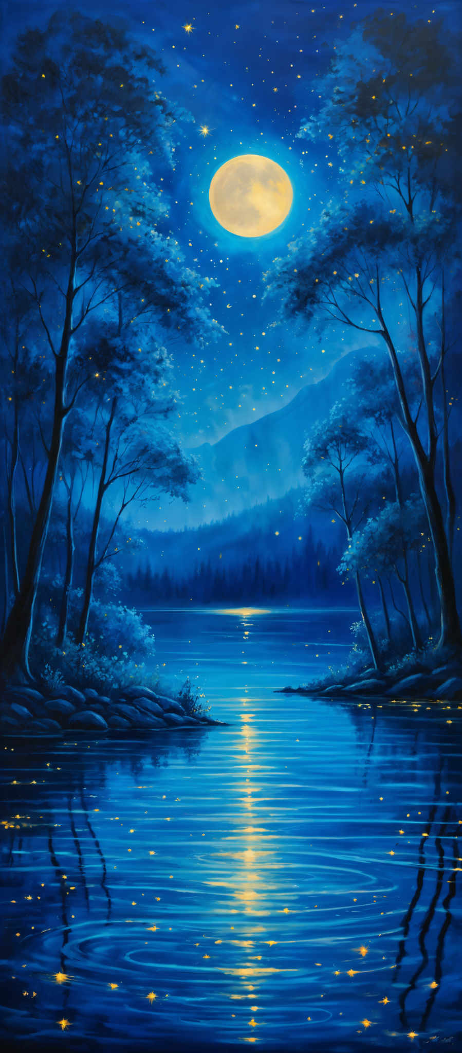 The image showcases a serene nighttime landscape. Dominated by shades of blue, it depicts a full moon illuminating the sky and casting a golden glow on the water below. The moon is surrounded by a multitude of stars, adding to the enchanting ambiance. The trees on either side of the image are tall and slender, their branches reaching out as if they are trying to touch the moon. The water reflects the moon's glow, creating a shimmering path that leads the viewer's eye towards the horizon. The overall mood of the painting is tranquil and mystical.