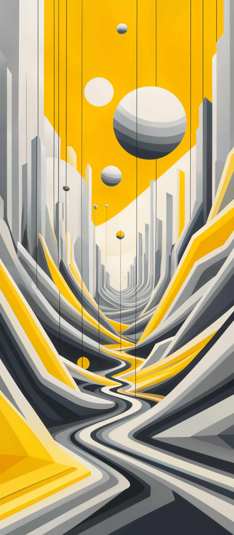 The image showcases a surreal and abstract representation of a cityscape. Dominated by a vibrant yellow background, the scene features tall, slender buildings that seem to be floating or suspended in mid-air. These structures have a modern architectural design, with sharp edges and sleek surfaces. The foreground of the image is characterized by winding, ribbon-like structures in shades of gray and yellow, which appear to be roads or pathways. Above these structures, there are floating, oval-shaped objects that resemble planets or celestial bodies. The entire scene is rendered in a geometric and abstract style, giving it a dreamlike quality.