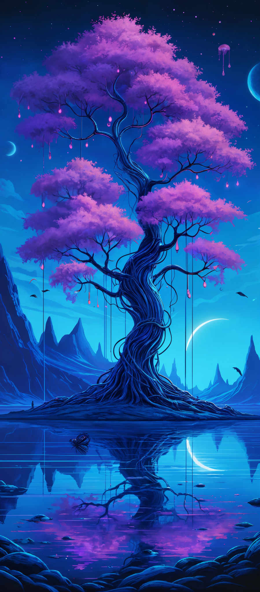 The image showcases a vibrant and mystical landscape. The dominant color is a deep shade of blue, which is used for the sky and the water. The tree in the center is a twisted, gnarled structure with pink blossoms. These blossom-like structures are hanging from the tree, giving it an appearance of a tree of life or a magical tree. The reflection of the tree and its surroundings can be seen in the calm water below. In the background, there are mountain ranges, and the sky is dotted with stars and a crescent moon.