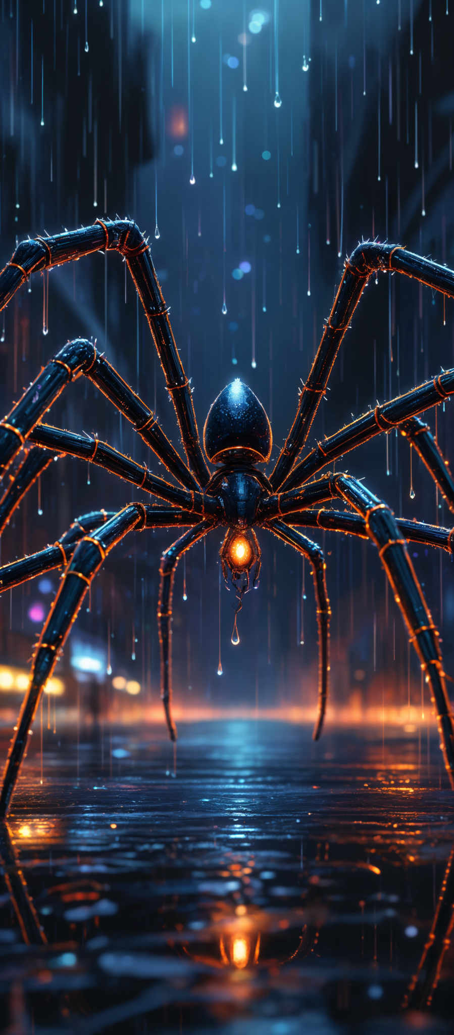 The image showcases a large, mechanical spider-like creature with glowing orange eyes. It has multiple elongated legs, each ending with a sharp point. The creature is positioned against a backdrop of a rainy night, with droplets of water visible in the air. The ground appears wet, reflecting the creature's glow and the ambient light from the surroundings. The overall color palette is dominated by dark blues and purples, contrasted by the warm orange glow of the spider's eyes and legs.