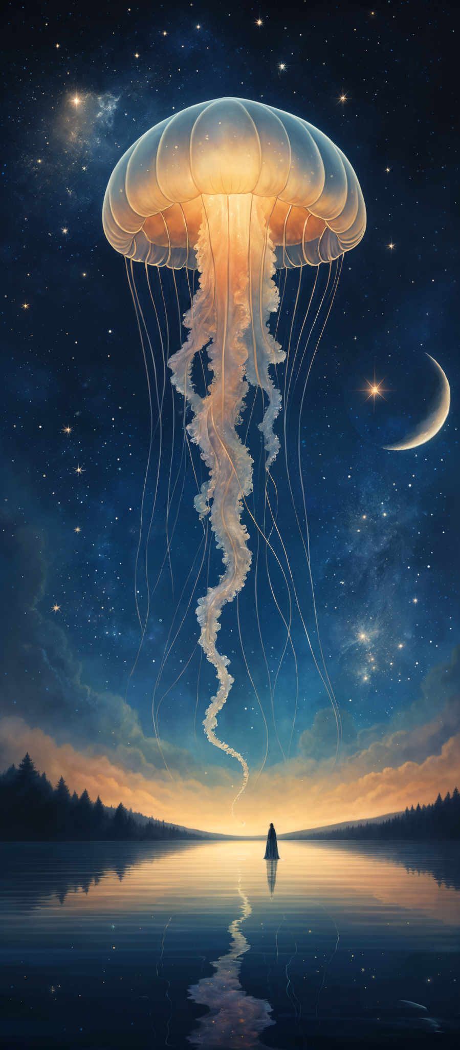 The image showcases a surreal scene with a large, translucent jellyfish hovering above a serene body of water. The jelly fish emits a soft, luminescent glow, primarily in shades of orange and white. Its tentacles flow gracefully downwards, creating an ethereal trail of light. The water below reflects the jellyfish and the surrounding environment, adding depth to the scene. The sky above is a deep blue, dotted with stars and a crescent moon. On the horizon, there's a silhouette of a person standing, possibly observing the jelLYFISH, adding a sense of scale and wonder to the image, emphasizing the grandeur of the scene and the majesty of nature.