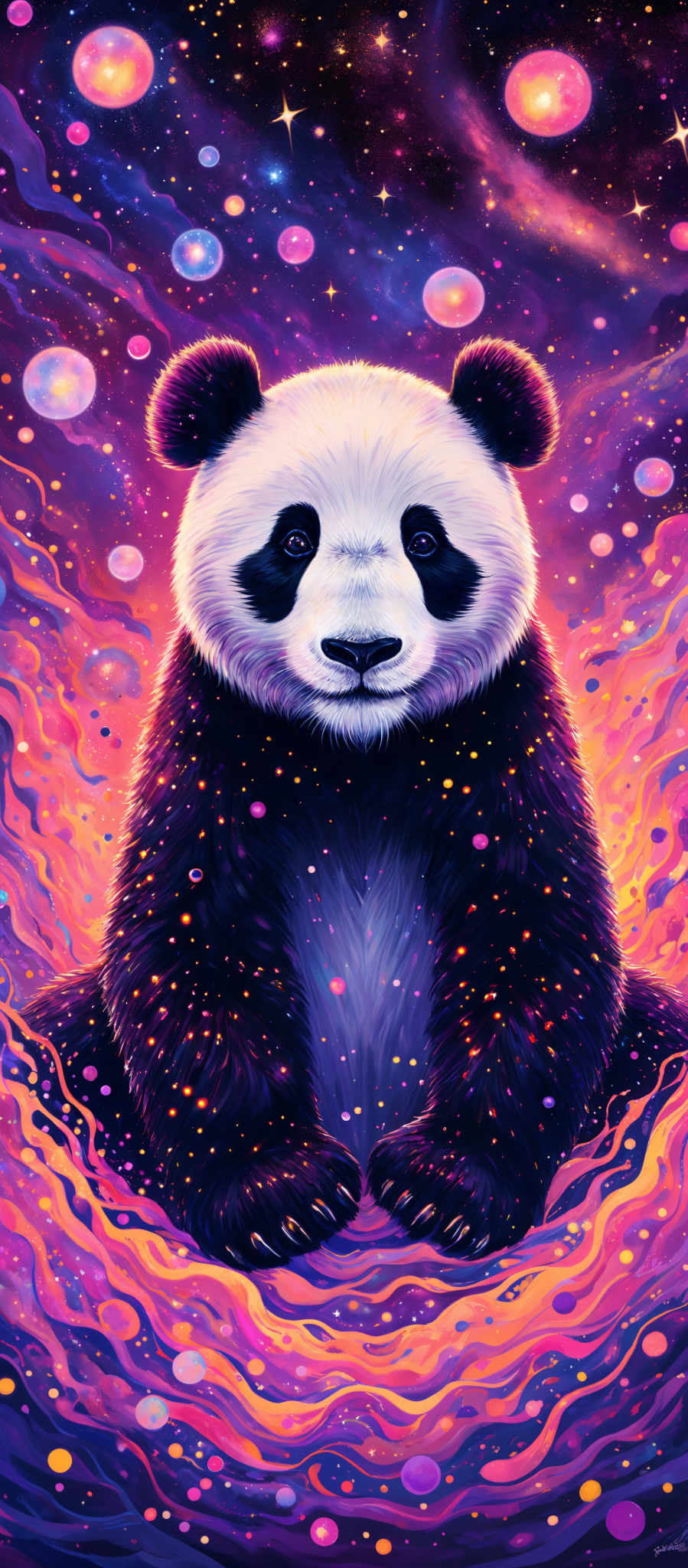 The image showcases a vibrant and colorful depiction of a panda surrounded by a cosmic background. The panda is portrayed in a sitting position, with a calm and serene expression. The background is awash with a myriad of colors, predominantly purples, pinks, and blues, reminiscent of a galaxy or nebula. There are various celestial elements, such as stars, glowing orbs, and swirling cosmic patterns, adding to the ethereal ambiance of the artwork.