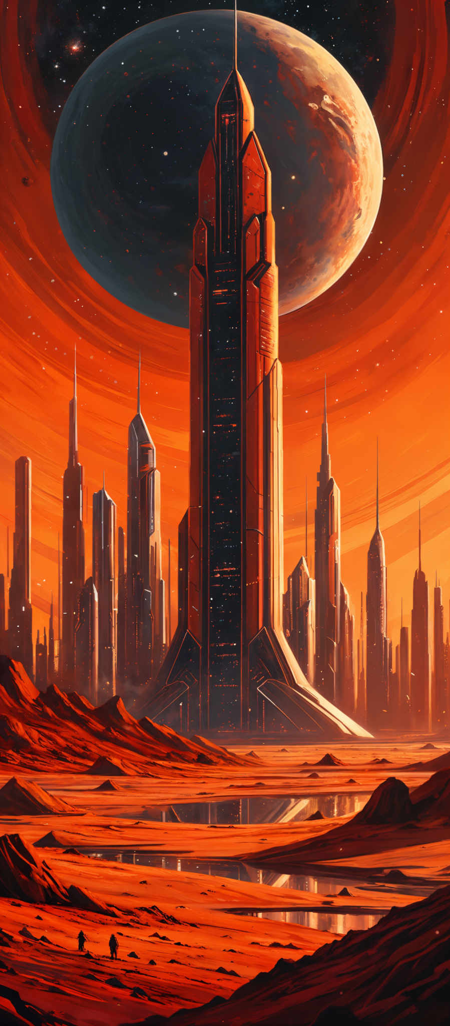 The image showcases a vibrant and dramatic scene of a futuristic cityscape set against a backdrop of a massive planet or celestial body. The dominant color palette consists of deep reds, oranges, and blacks, creating a sense of warmth and intensity. The city's buildings are tall and sleek, with sharp, angular designs, and they are illuminated, suggesting they are either active or reflecting the light from the celestIAL body above. In the foreground, there's a barren landscape with rocky formations and a few distant figures, possibly explorers or inhabitants, walking on the surface. The sky is dominated by the massive planet, which appears to be in close proximity, casting a shadow over the city and creating a surreal atmosphere.