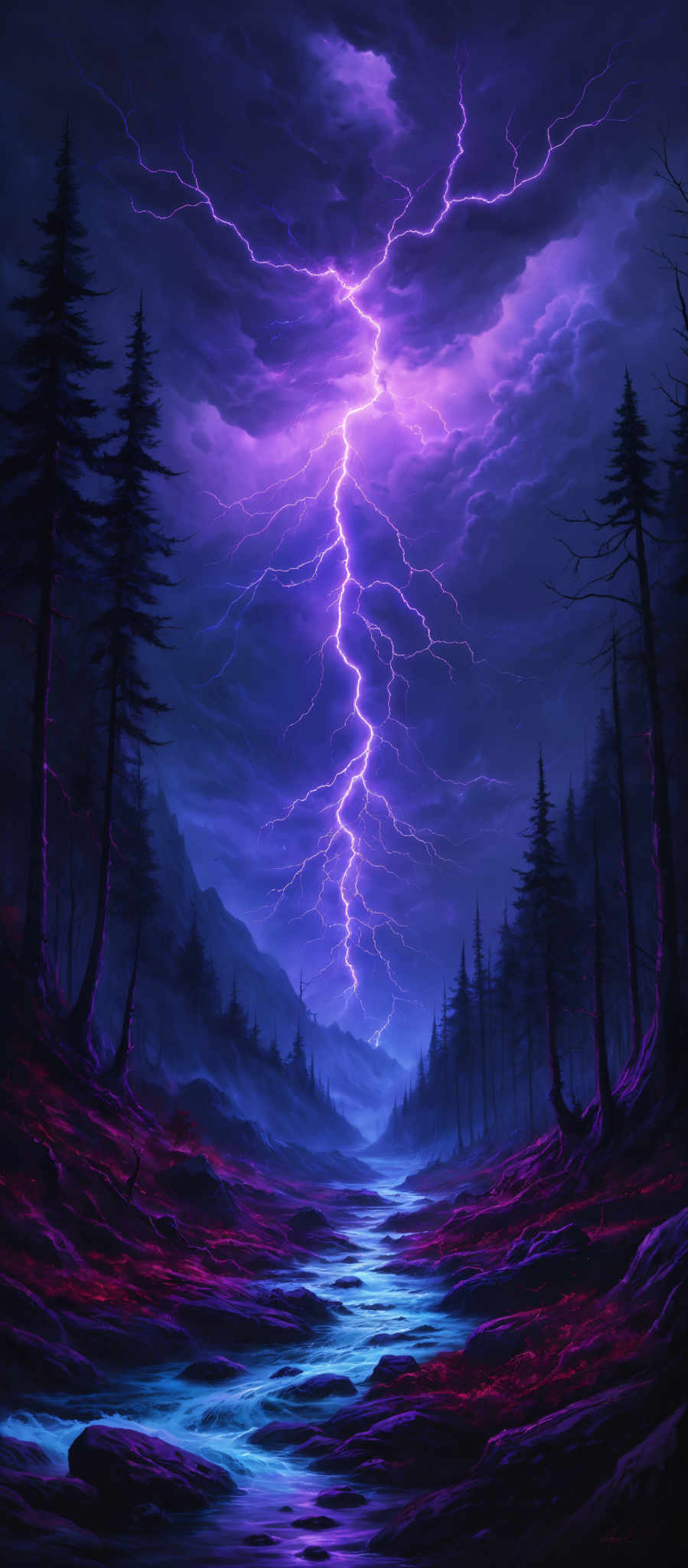 The image showcases a vibrant and dramatic landscape. The dominant colors are shades of purple, blue, and red. The sky is filled with dark clouds, from which a bright, jagged lightning bolt strikes down. This bolt is surrounded by multiple smaller lightning bolts, creating a striking contrast against the dark backdrop. The landscape below consists of a serene river or stream with clear blue water, surrounded by rocky terrain. On either side of the river, there are tall, dark pine trees, their silhouettes contrasting against the bright lightning. The ground near the river is covered in red-colored foliage or vegetation, adding to the overall dramatic effect of the scene.