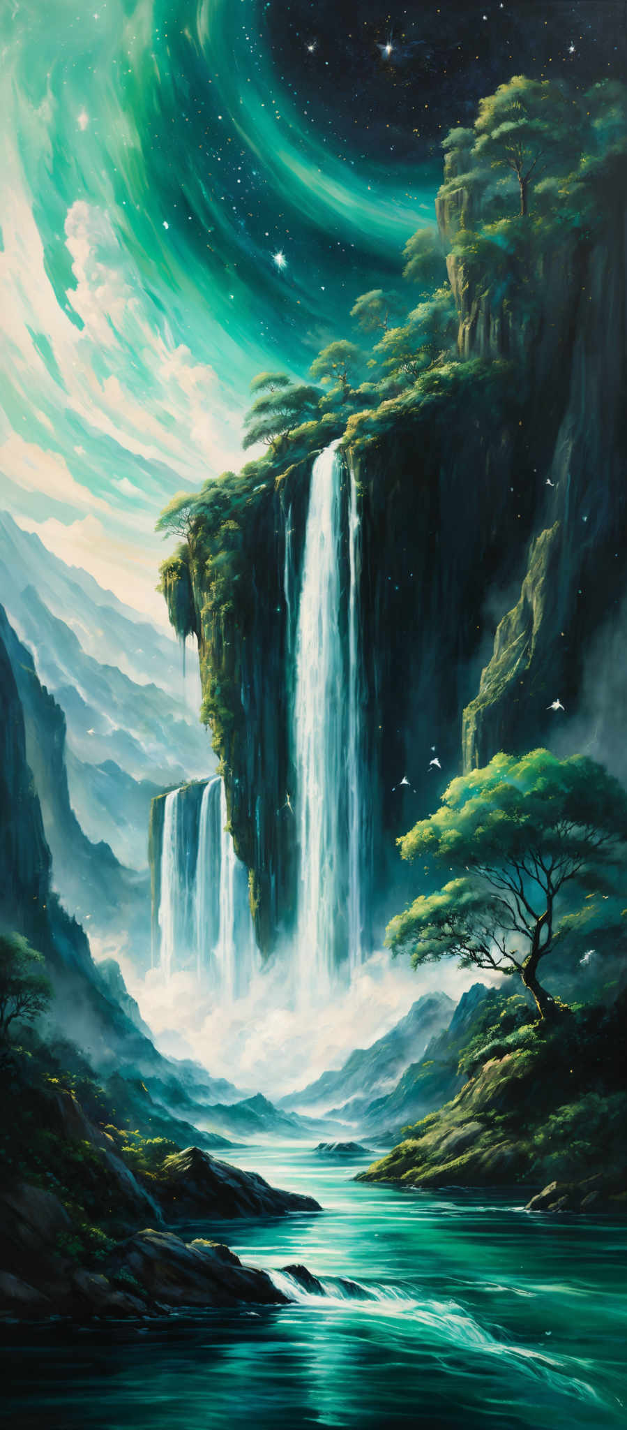 The image showcases a breathtaking landscape with a cascading waterfall that flows from a cliff into a serene river below. Above, the sky is painted in shades of green and blue, with swirling patterns that give an impression of a cosmic or ethereal atmosphere. The waterfall is surrounded by lush greenery, including trees and plants, which appear to be growing out of the cliff edges. The river below reflects the colors of the sky and the surrounding environment, creating a tranquil ambiance.