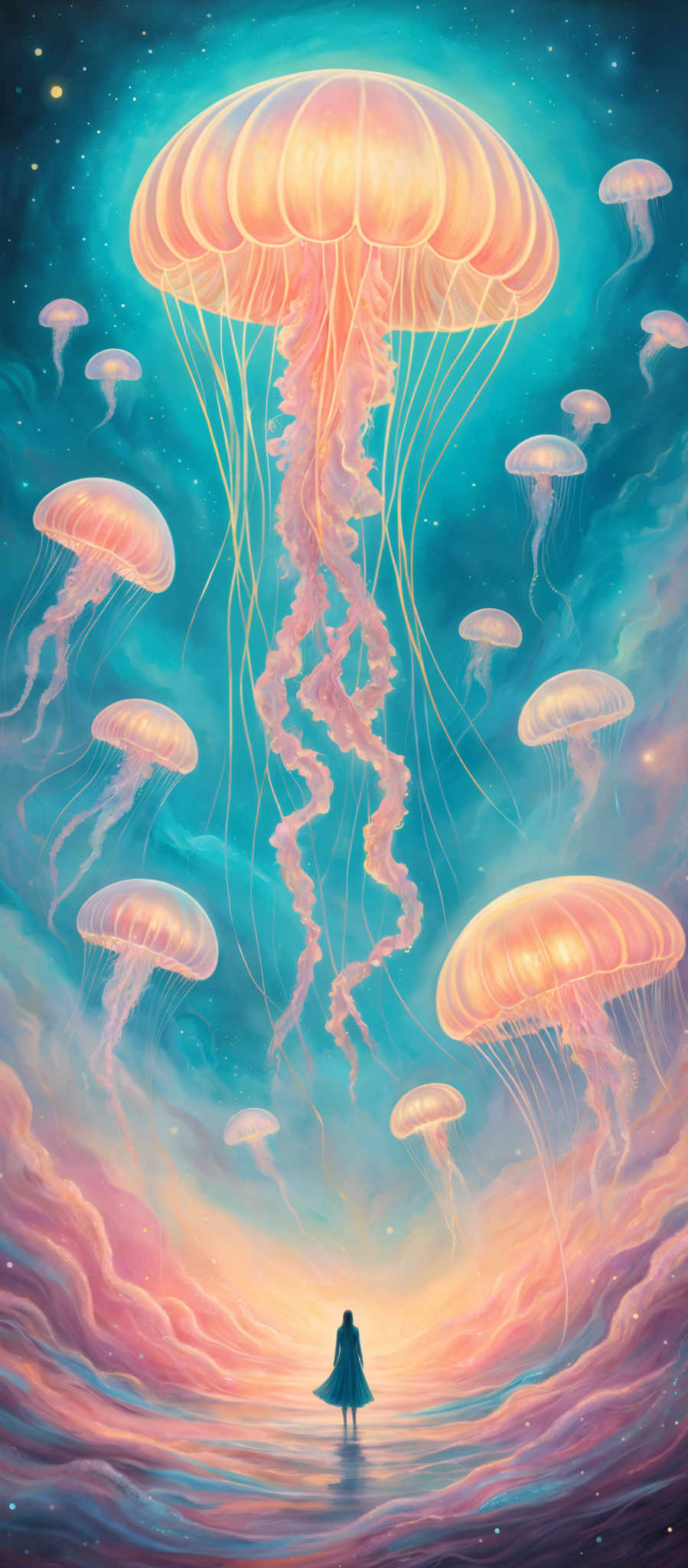 The image showcases a vibrant and dreamy scene. The dominant colors are shades of blue, pink, and gold. The jellyfish are translucent with a luminescent glow, predominantly in shades pink and gold, and they float gracefully against a deep blue background. The sky is painted with hues of pinkish-purple, blending into a deeper blue, suggesting either a sunrise or sunset. There are also stars scattered throughout the sky, adding to the ethereal ambiance. At the bottom, there's a silhouette of a person standing on what appears to be a beach or shoreline, gazing up at the mesmerizing jellyfishing.