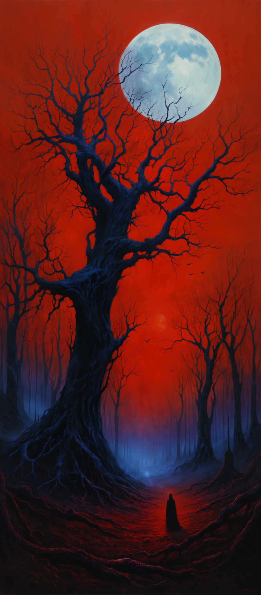 The image predominantly features a vivid red hue, creating an eerie and intense atmosphere. The central focus is a large, gnarled tree with twisted branches that seem to reach out in all directions. The tree's roots are intricately detailed, sprawling out and intertwining with the ground. Above the tree, a large white moon or celestial body is visible, casting a pale light over the scene. The background reveals a series of other barren trees, creating a sense of depth and isolation. On the right side, a solitary figure draped in a dark cloak stands, adding a touch of mystery to the scene, as they gaze into the distance.