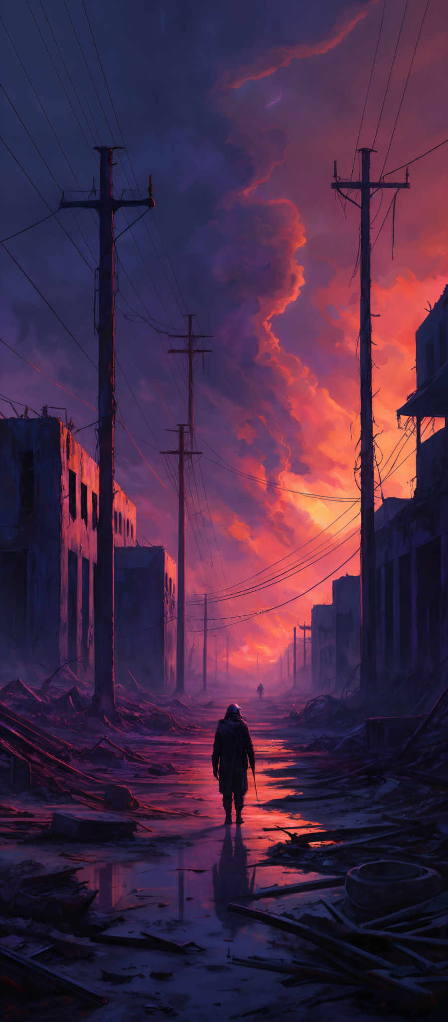 The image showcases a post-apocalyptic setting with a vivid sunset. The sky is painted in hues of purple, pink, and orange, reflecting on the water below. There are dilapidated buildings on either side of the street, with broken windows and debris scattered around. Power lines run overhead, with some of them appearing damaged. The street itself is littered with rubble, including broken wooden planks and tires. In the foreground, there's a lone figure, possibly a survivor, walking towards the viewer. The overall mood of the image is somber, yet there'a sense of resilience and hope emanating from the setting sun.