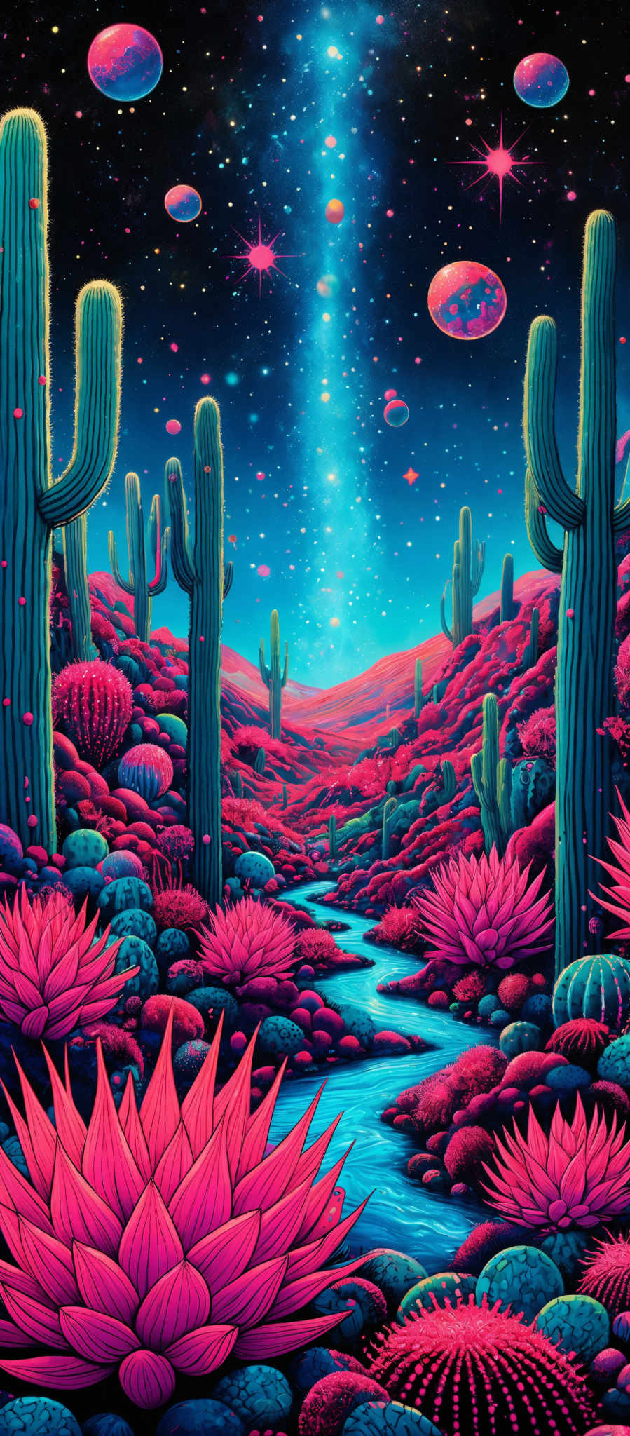 The image showcases a vibrant and surreal nighttime landscape. The sky is filled with a myriad of pink and blue celestial bodies, possibly planets or moons, set against a deep blue backdrop. A radiant beam of light, possibly a comet or meteor, streaks down the center of the image, illuminating the scene below. The ground is covered in a variety of cacti, some tall and others short, with their distinctive arms. The cactus flowers are large, with petals in shades of pinks and purples. There's also a winding river or stream that reflects the colors of the sky and surroundings. The entire scene is bathed in a mix of cool and warm tones, creating a dreamy and otherworldly atmosphere.