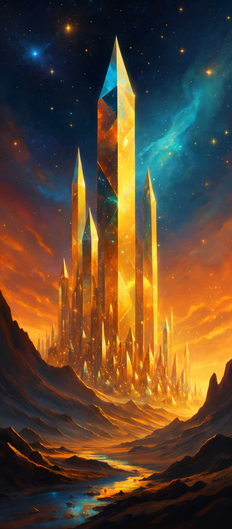 The image showcases a surreal landscape with towering crystal structures that dominate the scene. These crystals are sharp, triangular, and glow with a golden hue, reflecting the surrounding environment. The sky above is a vibrant mix of blues, oranges, and purples, suggesting either a sunrise or sunset. Stars are scattered across the sky, and there's a nebulous formation that adds to the mystique of the scene, giving it an otherworldly feel. In the foreground, there're rugged terrains with valleys and a river flowing through, reflective of the crystalline structures.