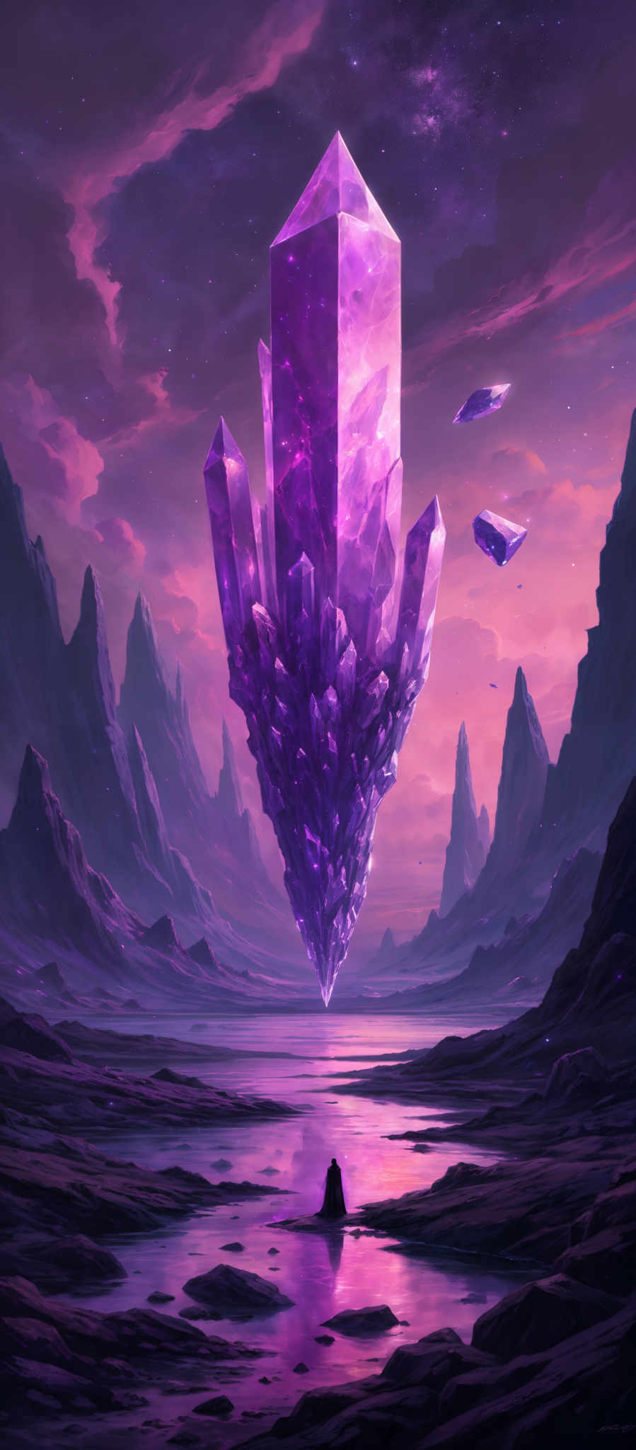 The image showcases a surreal landscape dominated by hues of purple and pink. A massive, crystalline structure, resembling a giant crystal, stands prominently in the center. This structure is surrounded by smaller crystals and is illuminated from within, casting a radiant glow. The sky is painted with swirling clouds and a hint of a galaxy, adding to the mystical ambiance. In the foreground, there's a serene body of water reflecting the colors of the sky and the crystalls. On the far right, a lone figure stands, gazing at the magnificent structure, adding a sense of scale and wonder to the scene.