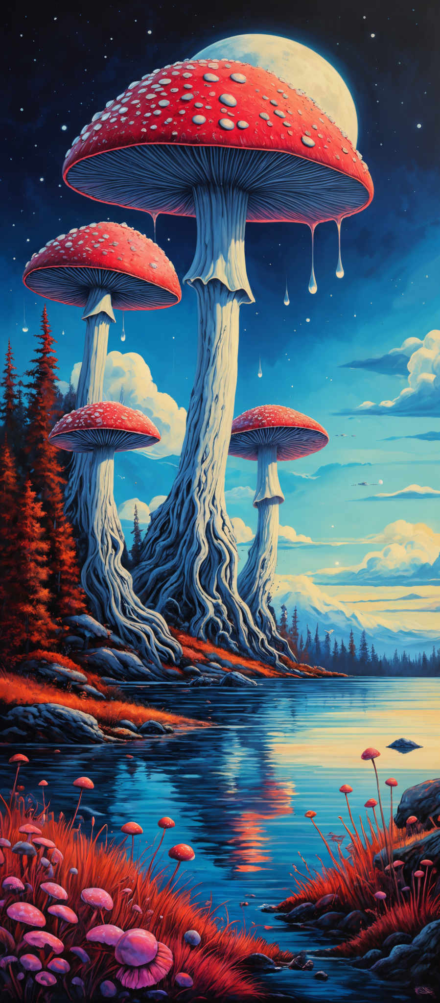 The image showcases a surreal landscape dominated by gigantic mushrooms. These mushroom caps are vibrant red with white spots, resembling the iconic fly agaric mushrots. The stems of these mushroms are long, slender, and have a unique texture, almost resembles tree trunks. The environment around these mammoth mushros is serene, with a calm body of water reflecting the mushROOms and the sky. The sky itself is painted in hues of blue, with some clouds and a few stars, suggesting either dawn or dusk. The landscape is adorned with trees, both coniferous and deciduous, and there's a distant view of mountains. The ground is carpeted with smaller mushroid plants and grass, adding to the fantastical nature of the