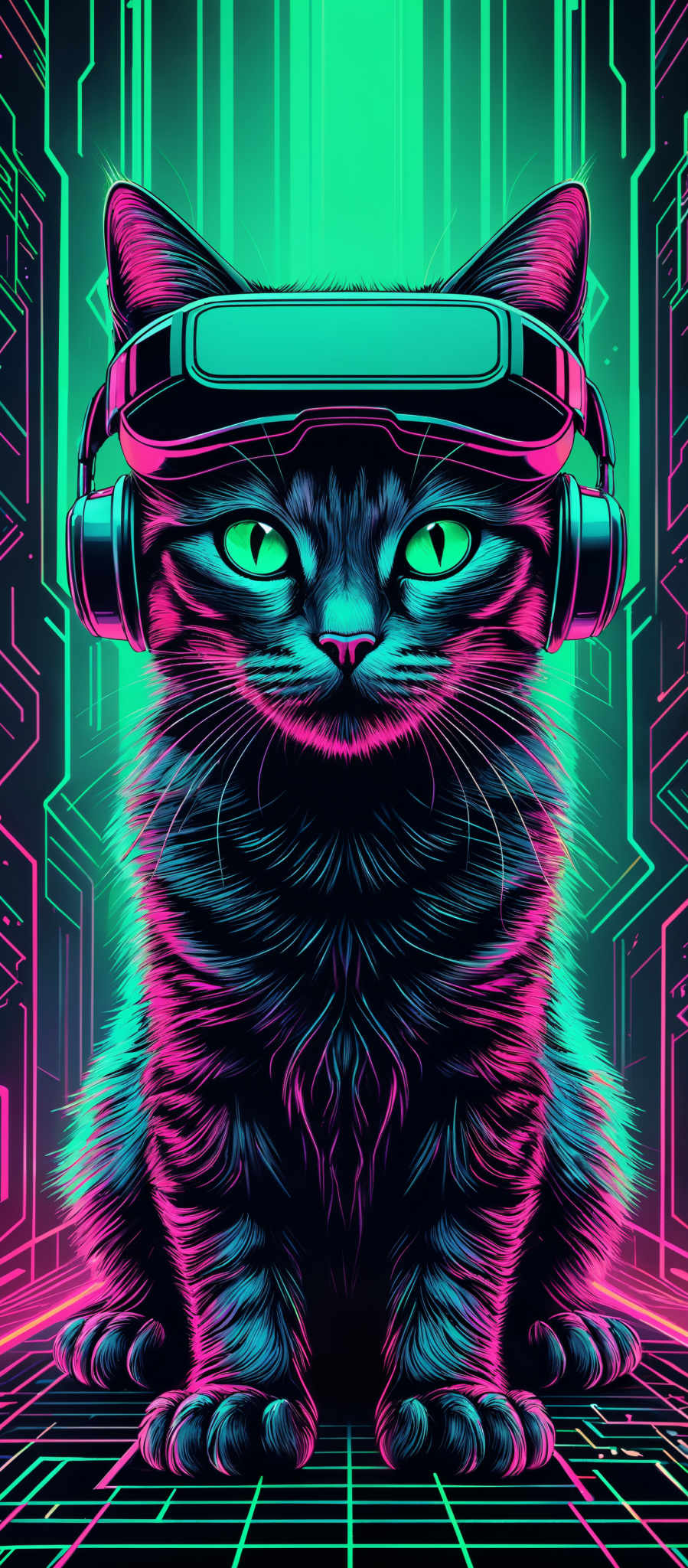 The image showcases a vibrant digital artwork of a cat. The cat has a deep blue and black fur coat with striking green eyes. It is wearing a pair of futuristic headphones and a virtual reality (VR) headset. The background is a mesmerizing blend of neon colors, predominantly green and blue, with intricate digital patterns resembling circuitry or a cybernetic environment. The bottom of the image features a grid-like pattern, possibly representing a digital floor or platform.