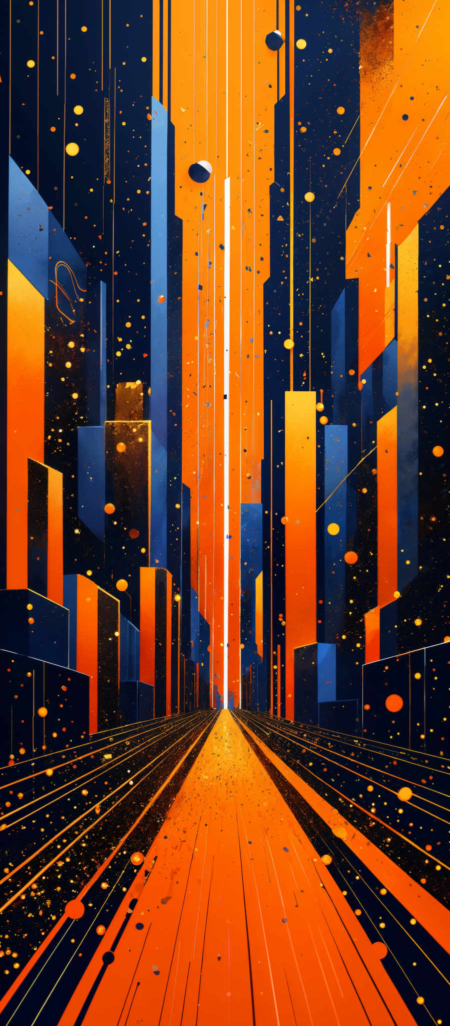 The image showcases a vibrant and dynamic cityscape. Dominating the scene are tall, abstract buildings, painted in shades of blue and orange. The buildings are set against a backdrop of a radiant orange sky, which seems to be glowing or illuminated from the center. This central glow creates a contrast with the darker blue shades, giving the impression of a sunset or sunrise. The ground is depicted in shimmering gold, reflecting the light from the sky. There are also floating objects, possibly representing futuristic vehicles or drones, scattered throughout the scene. The overall ambiance of the image is energetic, suggesting a bustling metropolis in a futurist setting.