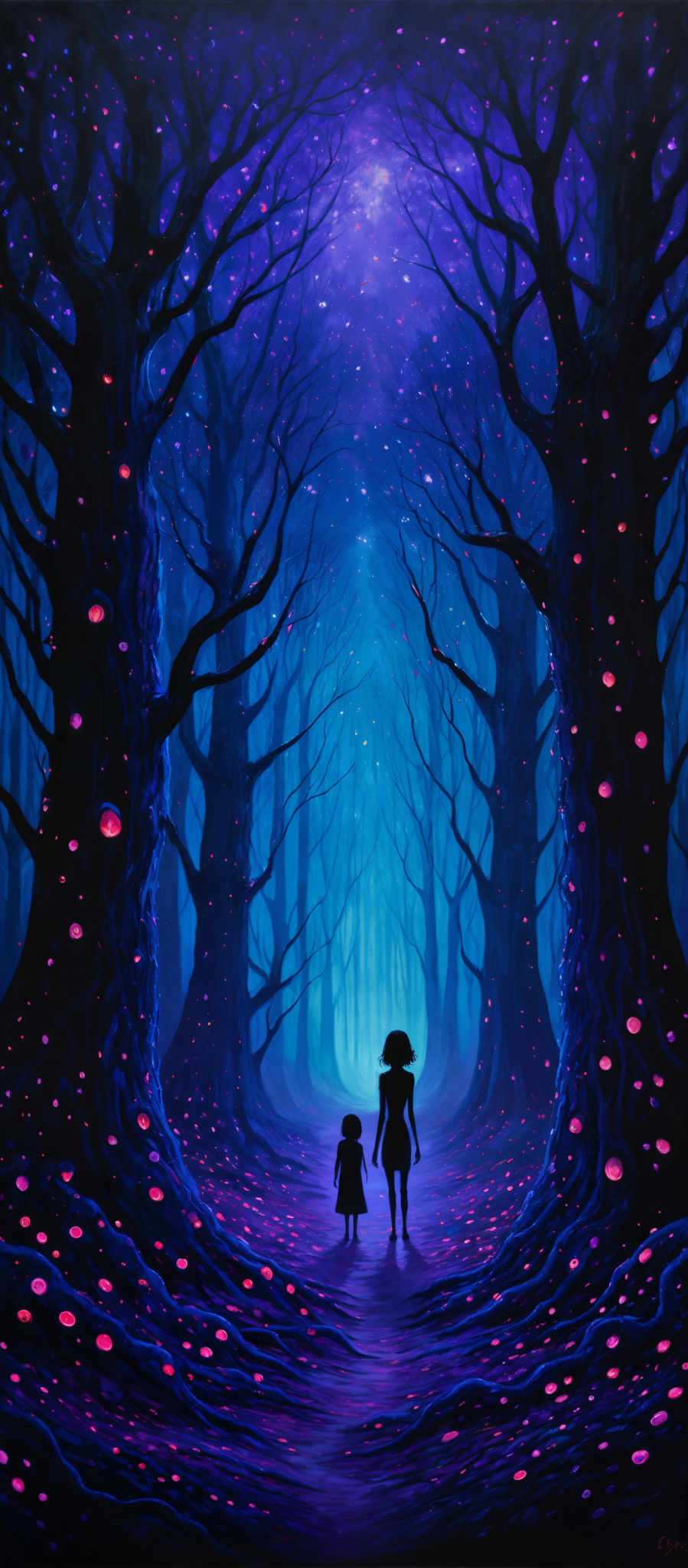 The image showcases a surreal and mystical forest with tall, twisted trees that have glowing orbs attached to them. The forest is enveloped in a deep blue hue, giving it an ethereal and dreamy ambiance. The ground is covered with a carpet of these glow orbs, and a pathway leads the viewer's eyes towards a bright, luminous center. Silhouettes of two figures, possibly a mother and her child, are seen walking along this pathway, further adding to the enchanting mood of the scene.