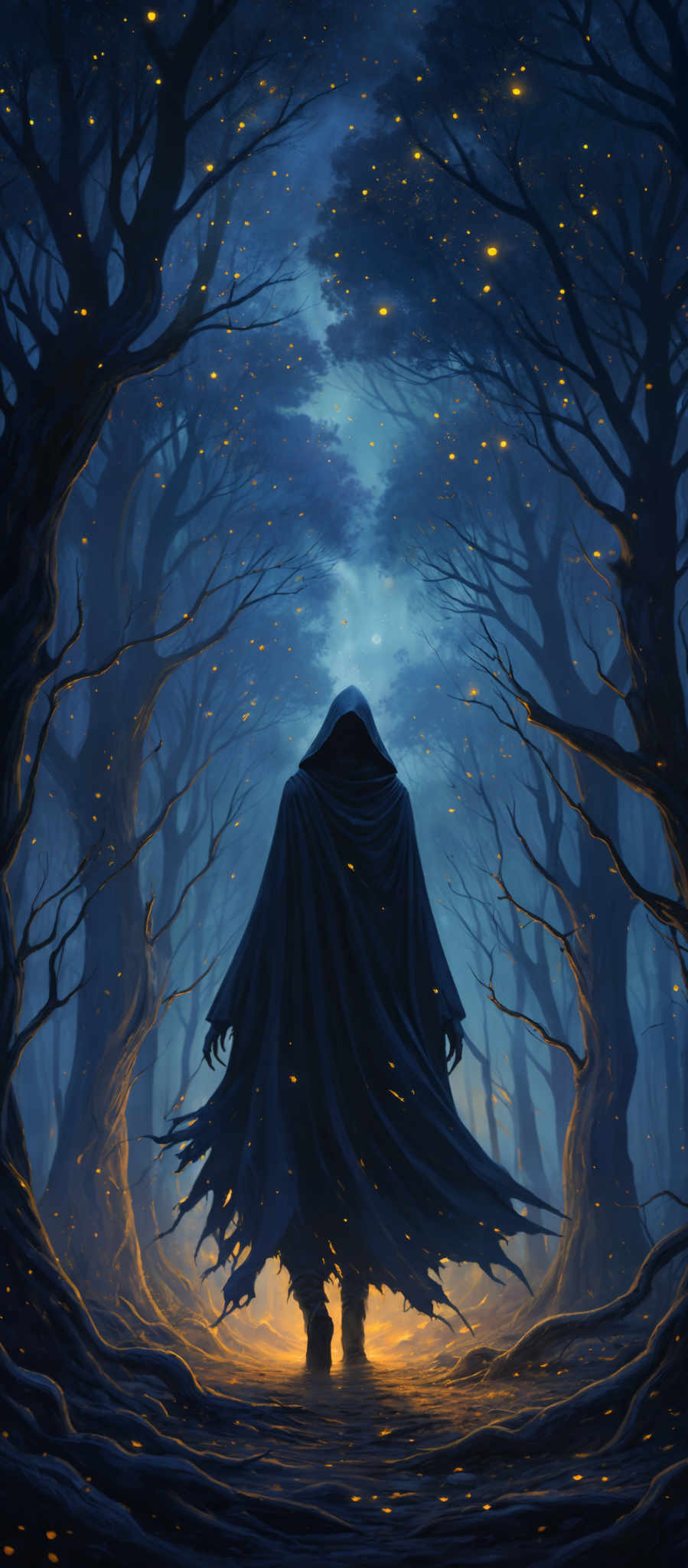 The image predominantly features shades of blue and black, creating a mysterious and ethereal atmosphere. The shape is reminiscent of a forest with twisted, gnarled trees that seem to be reaching out in all directions. The ground is covered with what appears to be glowing embers or fireflies, casting a warm, golden light amidst the cool blue tones. A cloaked figure stands in the center, their back to the viewer, adding to the enigmatic nature of the scene.