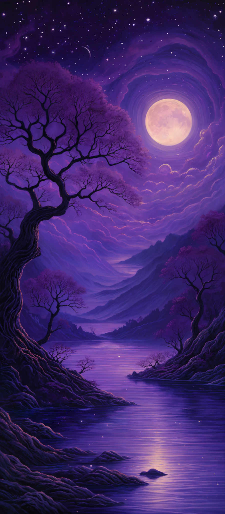 The image showcases a serene nighttime landscape. Dominated by shades of purple and blue, the scene is illuminated by a radiant full moon. The moon casts a soft glow on the surrounding environment, reflecting off a calm body of water below. In the foreground, there's a twisted, gnarled tree with intricate branches, its silhouette contrasting against the luminous backdrop. The sky is dotted with stars, and there'a crescent moon visible in the upper right corner. The landscape is further complemented by rolling hills or mountains in the distance, shrouded in mist.