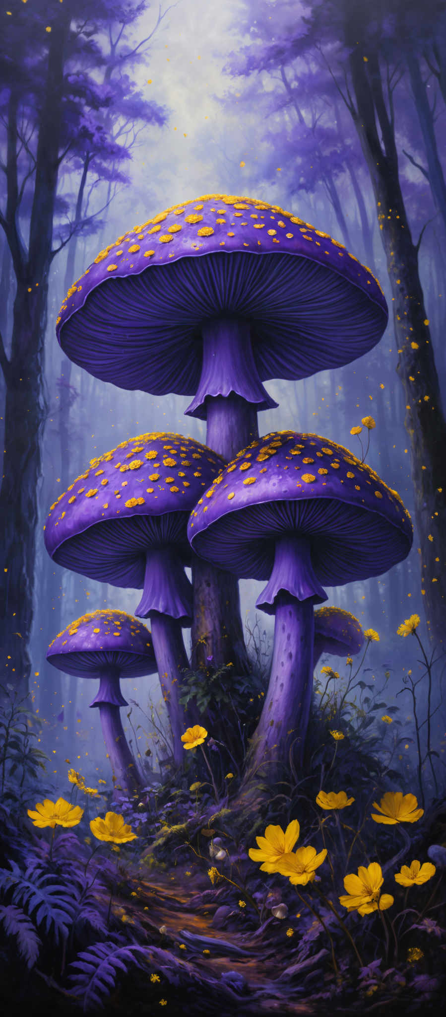 The image showcases a large, vibrant mushroom with a purple cap and yellow spots. The stem of the mushrooms is slender and brown. Surrounding the moss are yellow flowers with a delicate appearance. The background is a misty forest with tall trees, and the atmosphere is enveloped in a deep purple hue, giving the scene a mystical and serene ambiance.