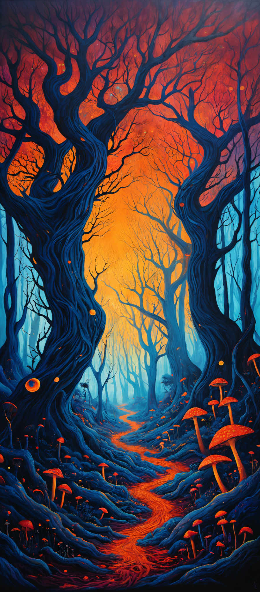 The image showcases a vibrant and mystical forest scene. The dominant colors are shades of blue, orange, and red. The trees have twisted and gnarled branches, and their trunks are dark blue, almost resembling giant, ancient sentinels. The ground is covered with a myriad of orange and red mushrooms, which seem to glow under the ethereal light filtering through the canopy. The background reveals a radiant, fiery orange and yellow hue, suggesting either a sunrise or sunset. The entire scene exudes a sense of wonder, magic, and the unknown.