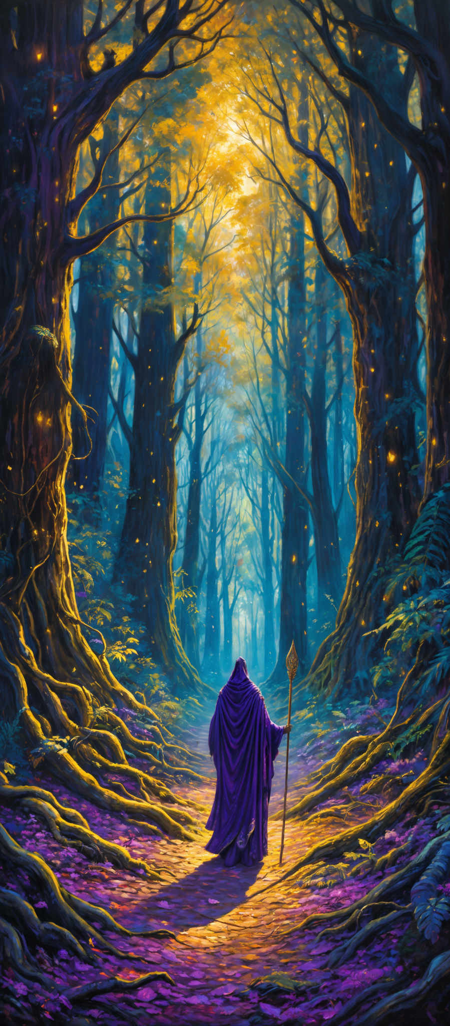 The image showcases a mystical forest with towering trees whose branches intertwine to form a canopy overhead. The ground is covered with vibrant purple and gold leaves, and there are glowing orbs scattered throughout, giving the scene an ethereal quality. A figure, draped in a purple cloak and holding a staff, stands in the center of the path, looking towards the distance. The overall color palette is dominated by shades of blue, purple, gold, and green, creating a dreamy and enchanting atmosphere.