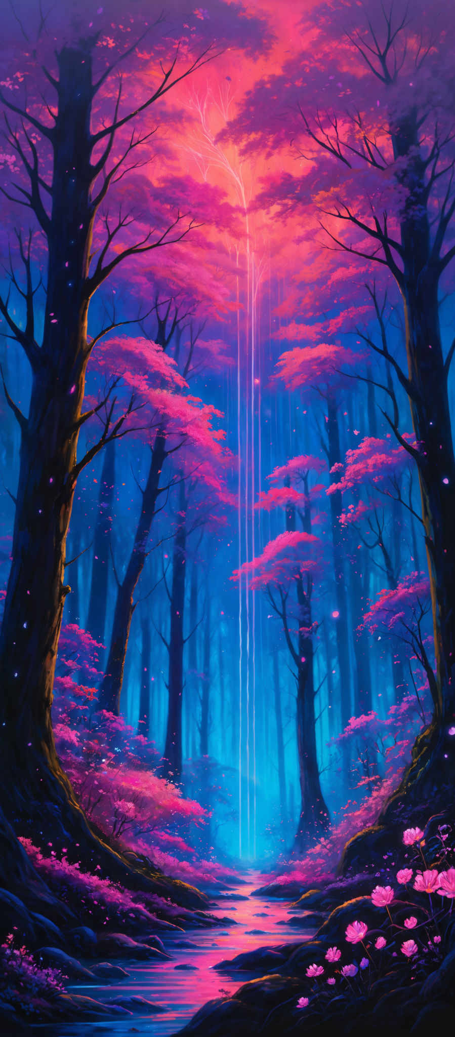 The image showcases a vibrant and surreal forest scene. The dominant colors are shades of pink, blue, and purple. The trees are tall and slender, with their trunks dark and contrasting against the brightly colored foliage. The sky is a mixture of pinks and blues, suggesting either a sunrise or sunset. There's a cascading waterfall that emanates a bright white light, creating a focal point in the center. The forest floor is adorned with pink flowers, and there's also a serene river or stream flowing through the scene.