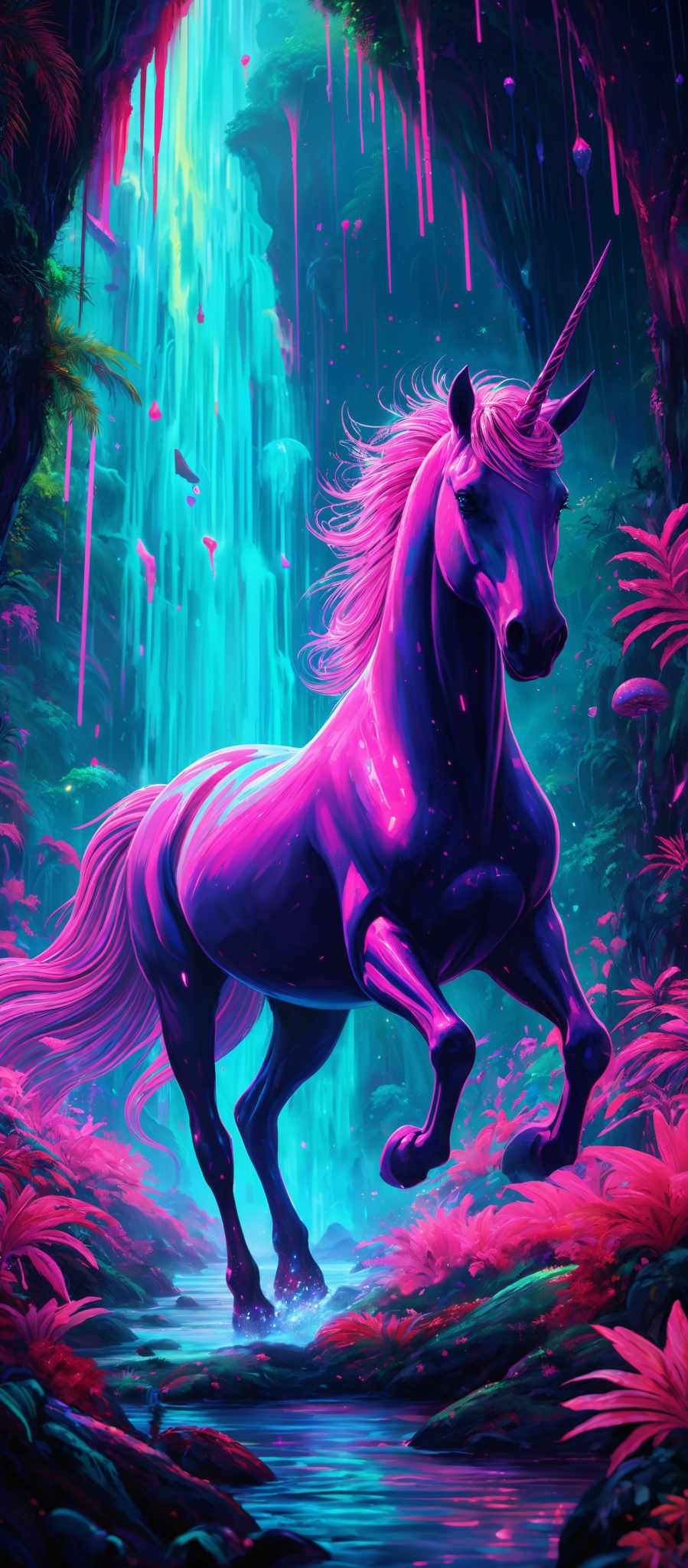 The image showcases a vibrant and colorful scene. The dominant colors are shades of pink, blue, and green. The central figure is a majestic unicorn with a shiny, silver mane and a long, slender horn. The unicorni is depicted in a dynamic pose, as if it's galloping or leaping. The background features a lush forest with tall trees, cascading waterfalls, and a variety of colorful plants. There are also floating islands with vibrantly colored vegetation. The entire scene is illuminated by a magical glow, giving it a dreamy and ethereal quality.