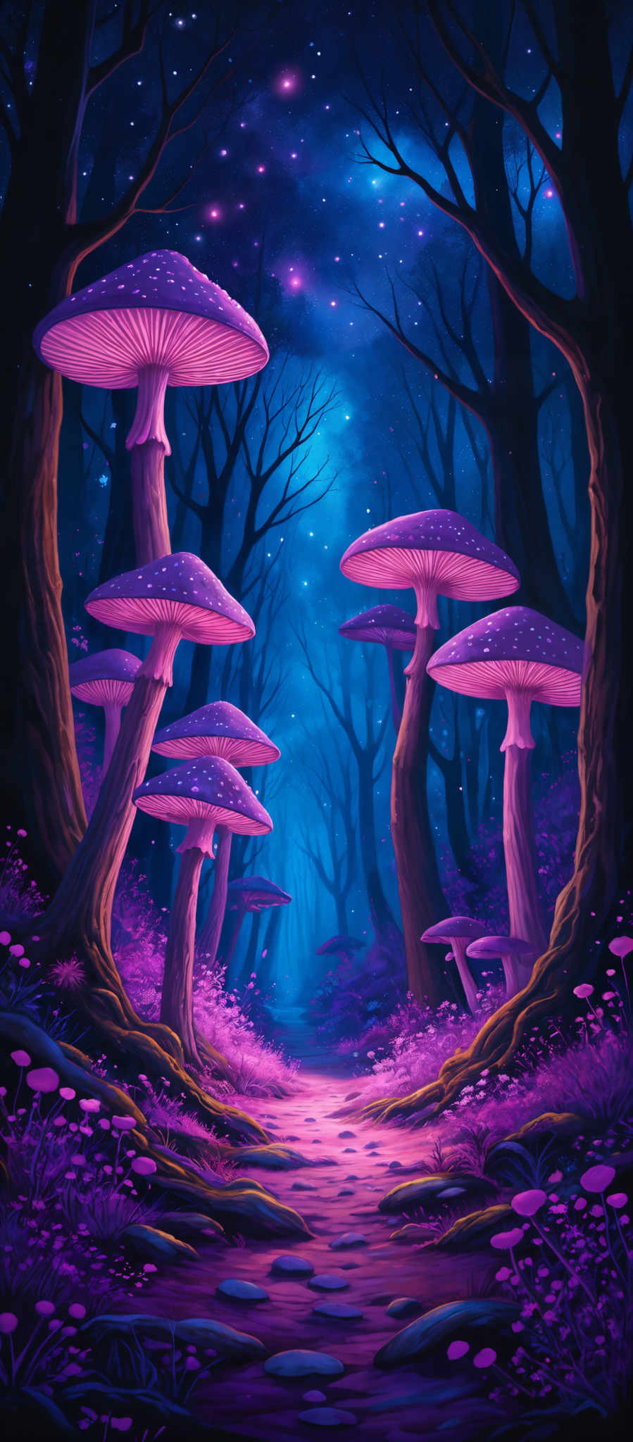 The image showcases a vibrant and mystical forest scene. Dominating the scene are large, oversized mushrooms with a pinkish hue and white spots on their caps. These mushroom caps are reminiscent of the iconic 'Amanita muscaria' or fly agaric mushrooms. The forest floor is covered in a mix of pink and purple flowers, and there are dark, twisted trees that frame the scene. The sky above is a deep blue, dotted with shimmering stars, giving the impression of a nighttime setting. The entire image exudes a dreamy and fantastical ambiance.