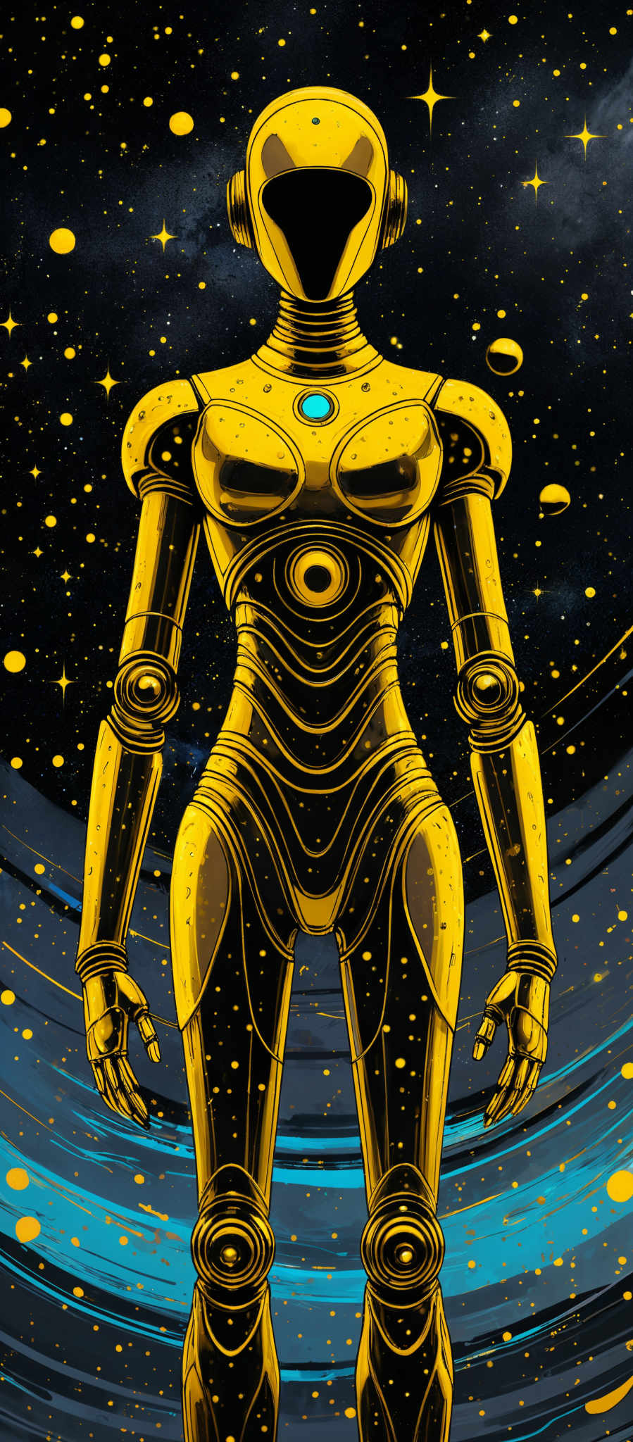 The image showcases a golden robot standing against a backdrop of a starry night sky. The robot is humanoid in shape, with a sleek design, and it has various circular elements on its body, including a large circular emblem on its chest. The sky is filled with stars, and there are also some bright celestial bodies or planets. The colors predominantly used are gold, black, and shades of blue.