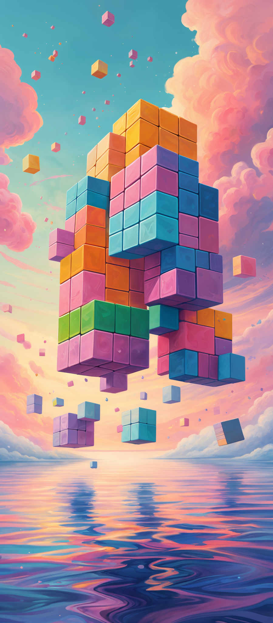 The image showcases a vibrant and colorful scene. The sky is painted with hues of pink, blue, and orange, depicting a sunset or sunrise. Floating in the sky are multiple cubes of varying sizes and colors, such as orange, blue-green, pinkish-red, and purple. These cubes seem to be stacked and interconnected, forming a larger structure in the center. Below the sky, there's a serene body of water reflecting the colors of the sky. The water's surface has a wavy pattern, and its reflection of the cubes adds depth to the scene.