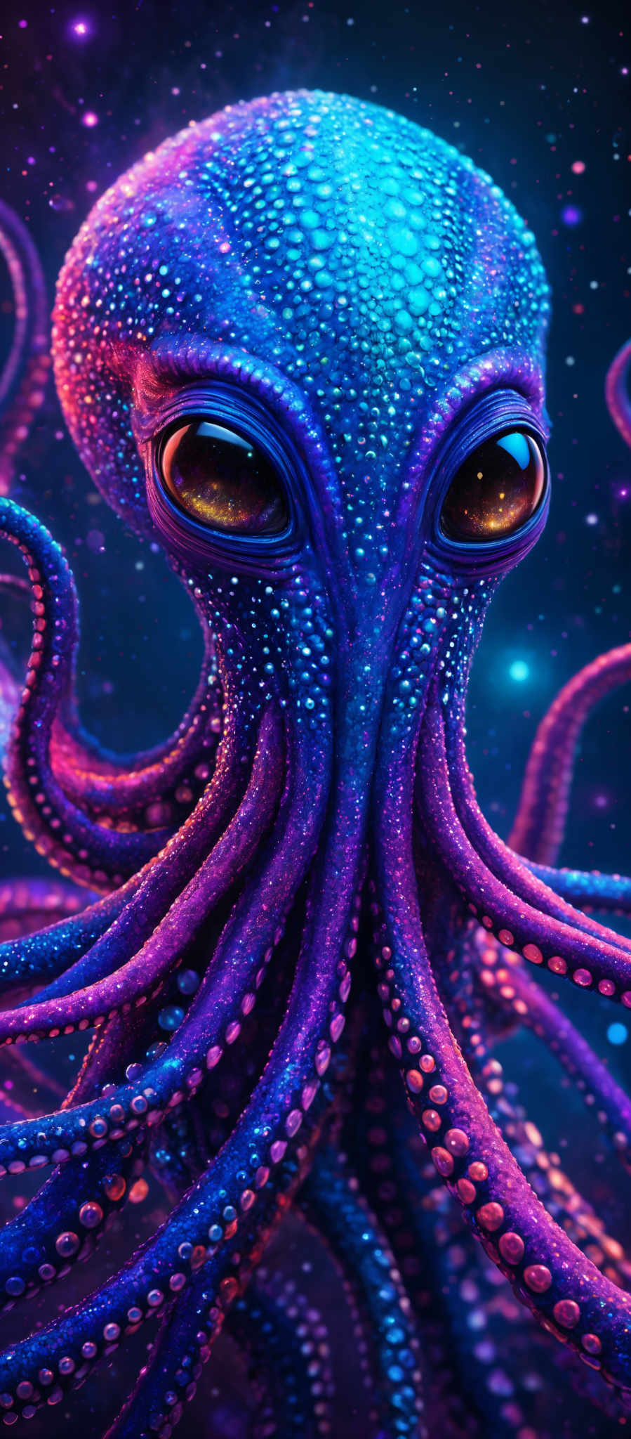 The image showcases an intricately designed octopus with a vibrant array of colors. The octopus has a predominantly blue hue with speckles of various shades, giving it a sparkling appearance. Its eyes are large, round, and have a deep amber color. The tentacles are long and are adorned with a myriad of colorful patterns, including hues of purple, pink, and blue. The background is a deep space setting with a mix of purples, blues, and hints of pink and gold, giving the impression of a cosmic or nebulous environment.