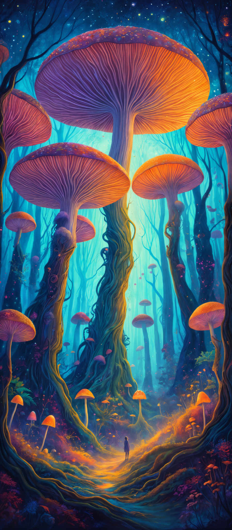 The image showcases a vibrant and surreal forest scene dominated by large, vividly colored mushrooms. These mushroom caps are predominantly orange with purple gills and are supported by twisted, green stems. The background is a deep blue, suggesting a nighttime setting with a sprinkling of stars. The forest floor is adorned with smaller mushrooms, colorful foliage, and a solitary figure walking amidst the giant mushromes. The entire scene exudes a dreamlike, fantastical ambiance.