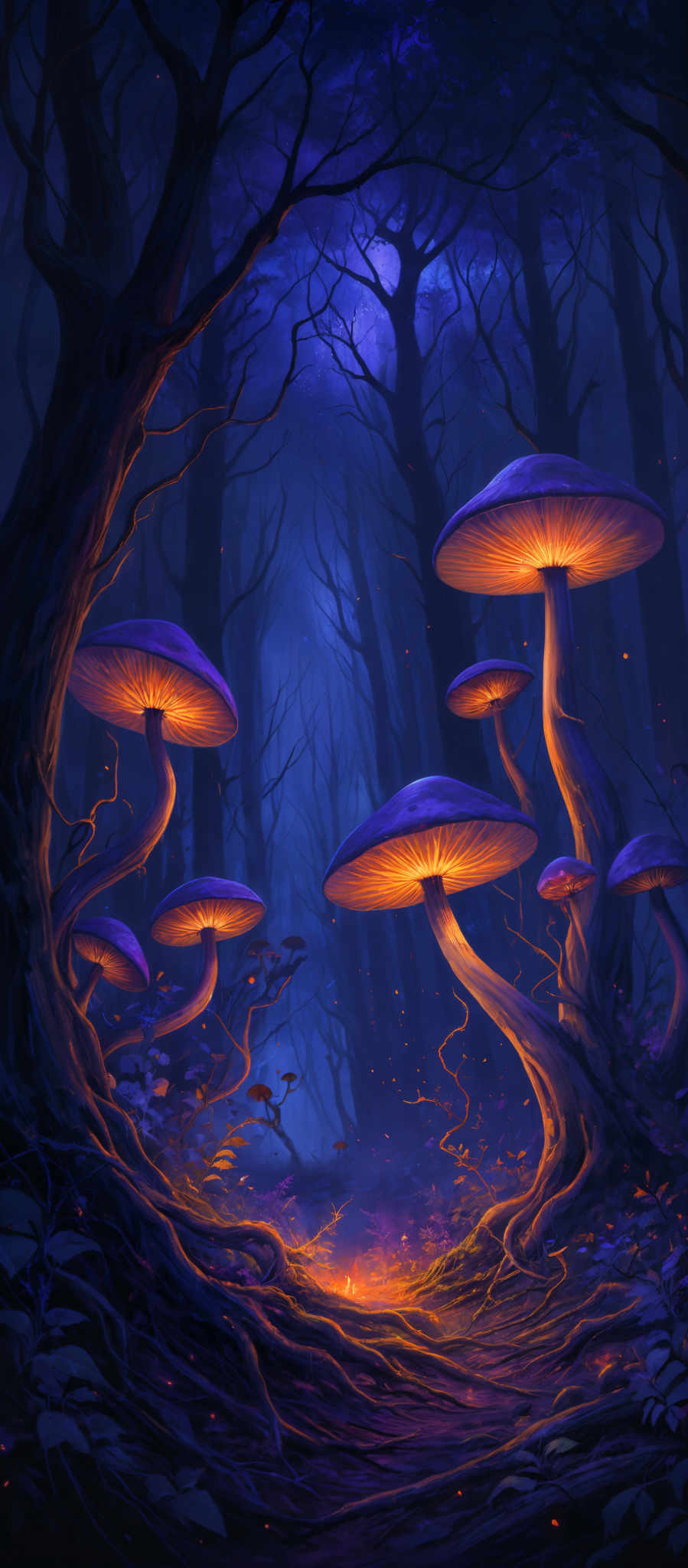 The image showcases a mystical forest scene with tall, slender trees whose branches are bare, suggesting it might be set in autumn or winter. Dominating the foreground are large, luminescent mushrooms with vibrant orange glowing caps and slender stems. The ground is covered with fallen leaves, twigs, and small plants, all illuminated by a soft, ethereal light. The color palette is predominantly deep blues and purples, creating a serene and enchanting atmosphere.