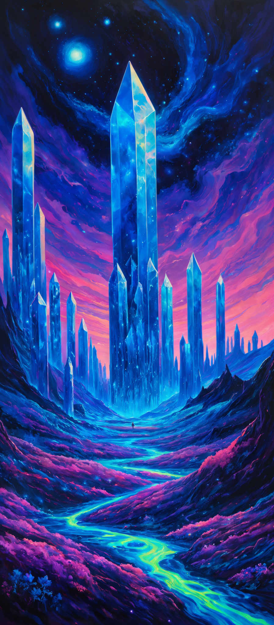 The image showcases a surreal landscape dominated by towering crystal structures that seem to pierce the sky. These crystals are translucent and have a prism-like structure, reflecting hues of blue and purple from the cosmic backdrop above. The sky is a vibrant mix of deep blues, purples, and hints of pink, suggesting either a sunset or a cosmic event. There are also swirling patterns of nebulous clouds and stars, adding to the ethereal quality of the scene. On the ground, there's a winding pathway that seems to be made of a luminescent, glowing substance, reflective of the colors from the sky above. This pathway leads towards the base of the tallest crystal structure. The landscape is dotted with small, vibrantly colored flora