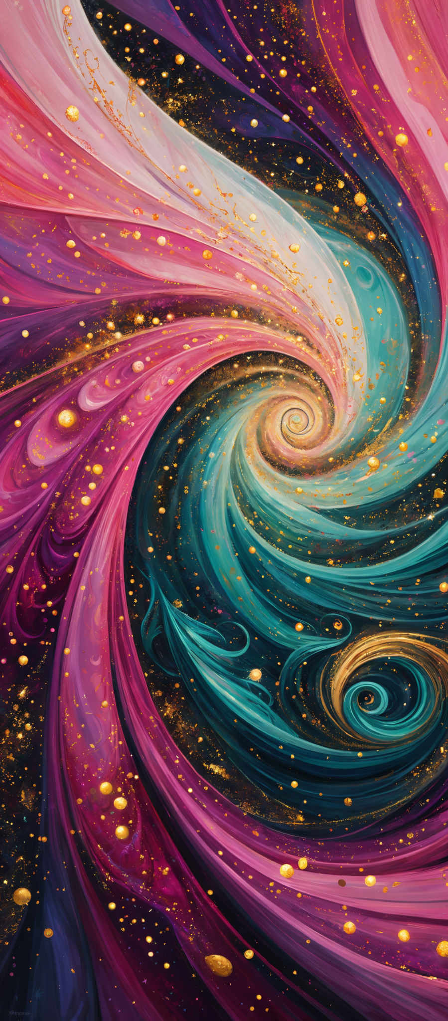 The image showcases a vibrant and swirling pattern of colors. The dominant colors include shades of pink, purple, blue, and teal. The swirls are intricate and seem to be spiraling inwards, creating a sense of depth and movement. The image also contains scattered golden dots, possibly representing stars or other celestial bodies, adding to the ethereal and cosmic feel of the artwork.