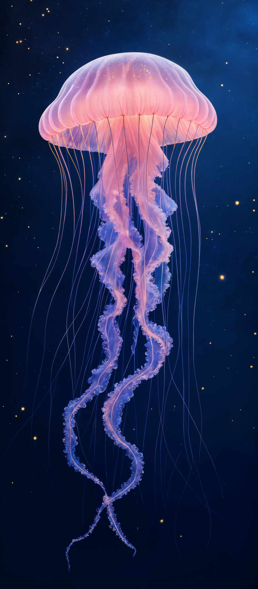 The image showcases a translucent jellyfish with a dome-shaped umbrella-like top. The jelly's body is elongated with delicate, wavy tentacles trailing below. The tentacles are illuminated in a soft pink hue, contrasting with the deep blue background. The background is speckled with tiny, bright dots, giving the impression of a starry night sky or space.