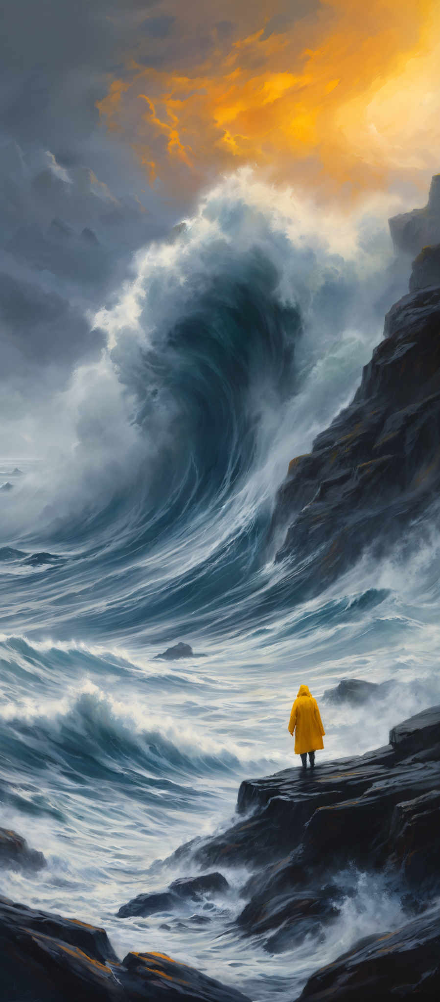 The image showcases a dramatic seascape during what appears to be either dawn or dusk. The sky is painted with hues of orange, yellow, and gray, with the sun peeking through the clouds, casting a warm glow. Below, massive waves crash against rugged cliffs, their white foam contrasting with the dark, jagged rocks. In the foreground, a lone figure draped in a yellow cloak stands on the edge of a cliff, gazing at the tumultuous sea. The waves' power and the figure's solitude evoke a sense of awe and contemplation.