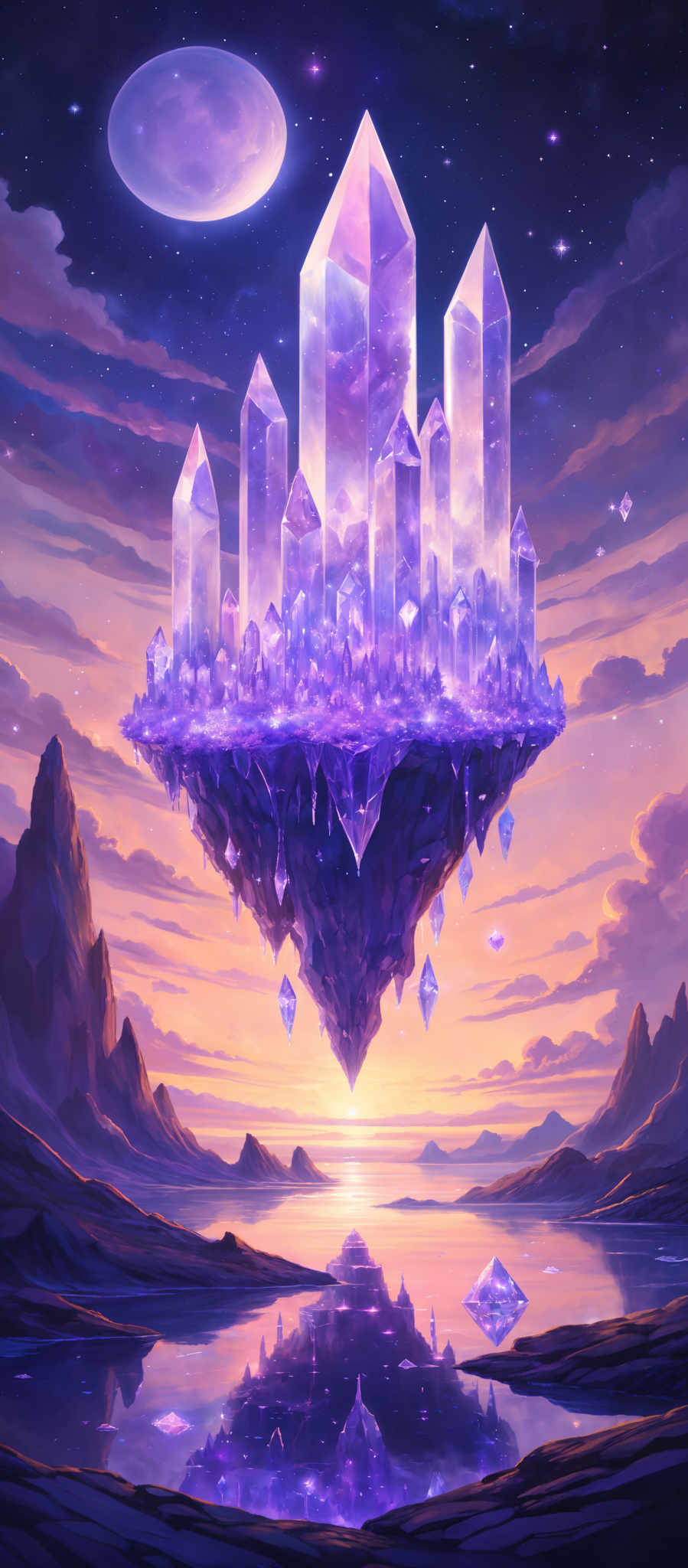 The image showcases a surreal landscape dominated by large, crystalline structures that appear to be floating islands. These islands are made up of translucent crystals that reflect the surrounding environment. The sky is painted in hues of purple and blue, with a large, pale moon and numerous stars. Below the islands, there's a serene body of water reflecting the crystalls and the sky. The horizon displays a beautiful sunset with warm orange and yellow tones, contrasting with the cooler colors of the sky above.