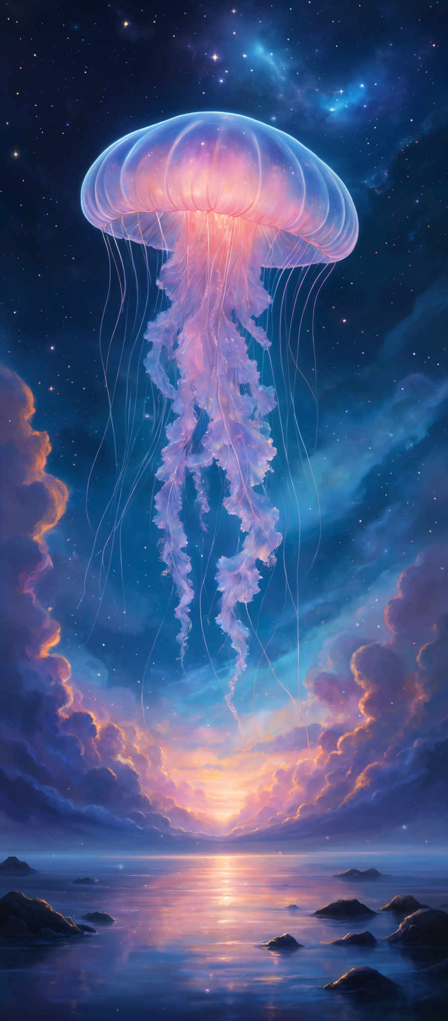 The image showcases a vibrant and ethereal scene. At the top, there's a translucent jellyfish with a luminescent glow, predominantly in shades of pink and blue. It appears to be floating amidst a starry night sky. Below the jelly fish, there is a mesmerizing view of a sunset or sunrise over a body of water. The water reflects the colors of the sky, with hues of pinks, oranges, and purples. The horizon shows silhouettes of rock formations, and the water is calm with a few ripples. The entire scene is illuminated by the soft glow of the setting or rising sun.