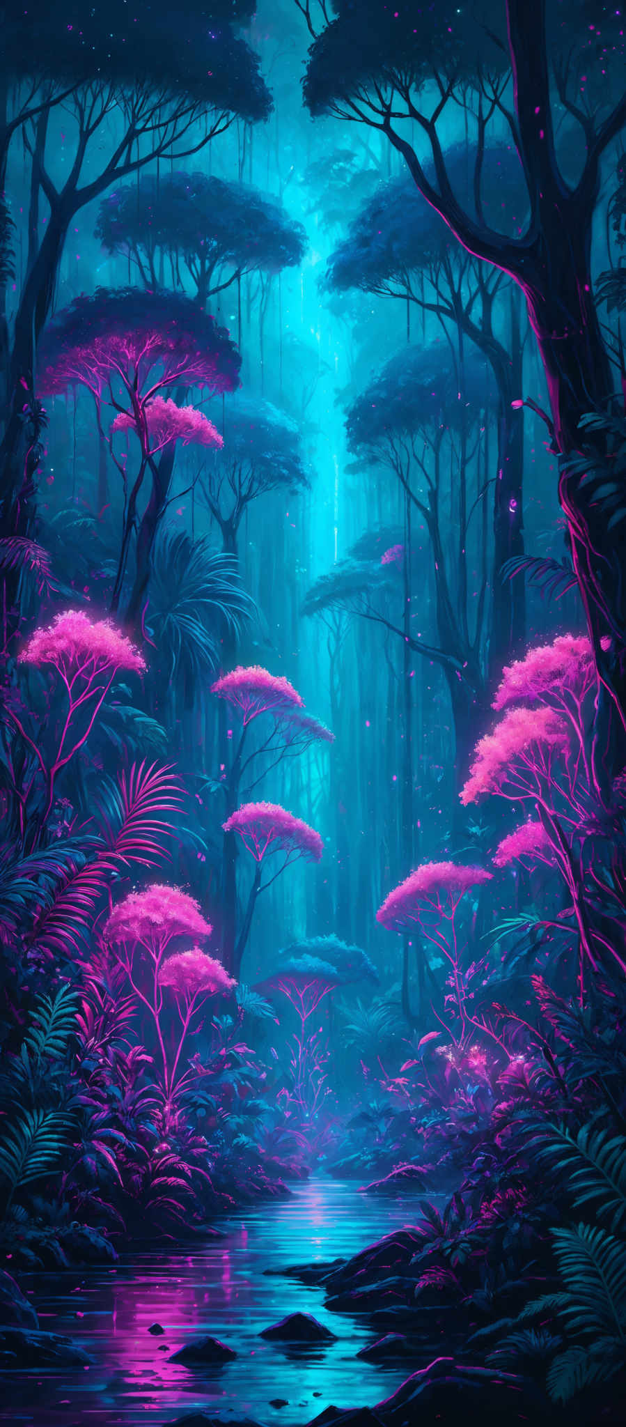 The image showcases a vibrant and mystical forest scene. The dominant colors are shades of blue, pink, and purple, creating a surreal and dreamy atmosphere. The trees have a unique, almost otherworldly shape, with thick trunks and branches that seem to stretch out in all directions. The forest floor is covered in lush vegetation, including ferns, moss, and various types of flowers. A serene river or stream flows through the center, reflecting the colors of the sky and surrounding foliage. The overall scene exudes a sense of wonder and enchantment.