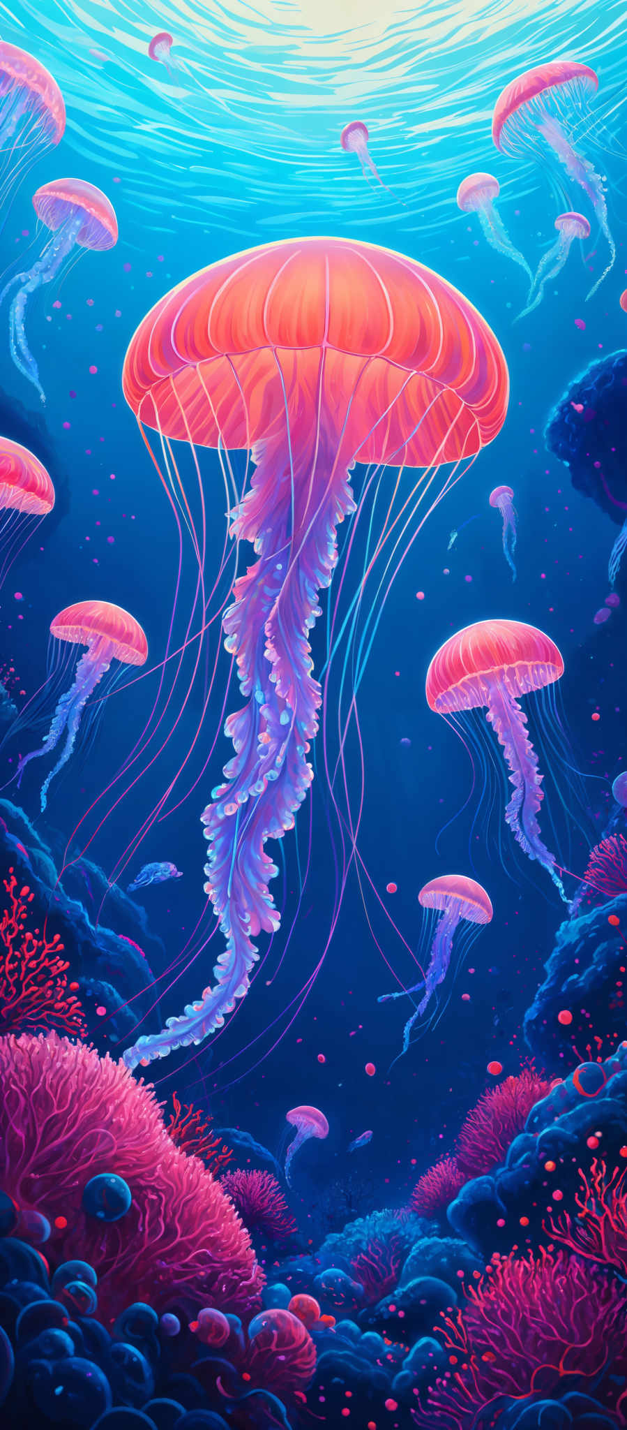 The image showcases a vibrant underwater scene dominated by luminescent jellyfish. The jelly fish have a translucent, almost ethereal quality with hues of pink and blue. They float gracefully with elongated tentacles that glow in the deep blue waters. The background is a mesmerizing deep blue, representing the vastness of the ocean. There are also various marine plants and corals, exhibiting rich pink, purple, and red colors, adding depth and diversity to the scene. The entire image exudes a sense of wonder and the mysteries of the deep sea.