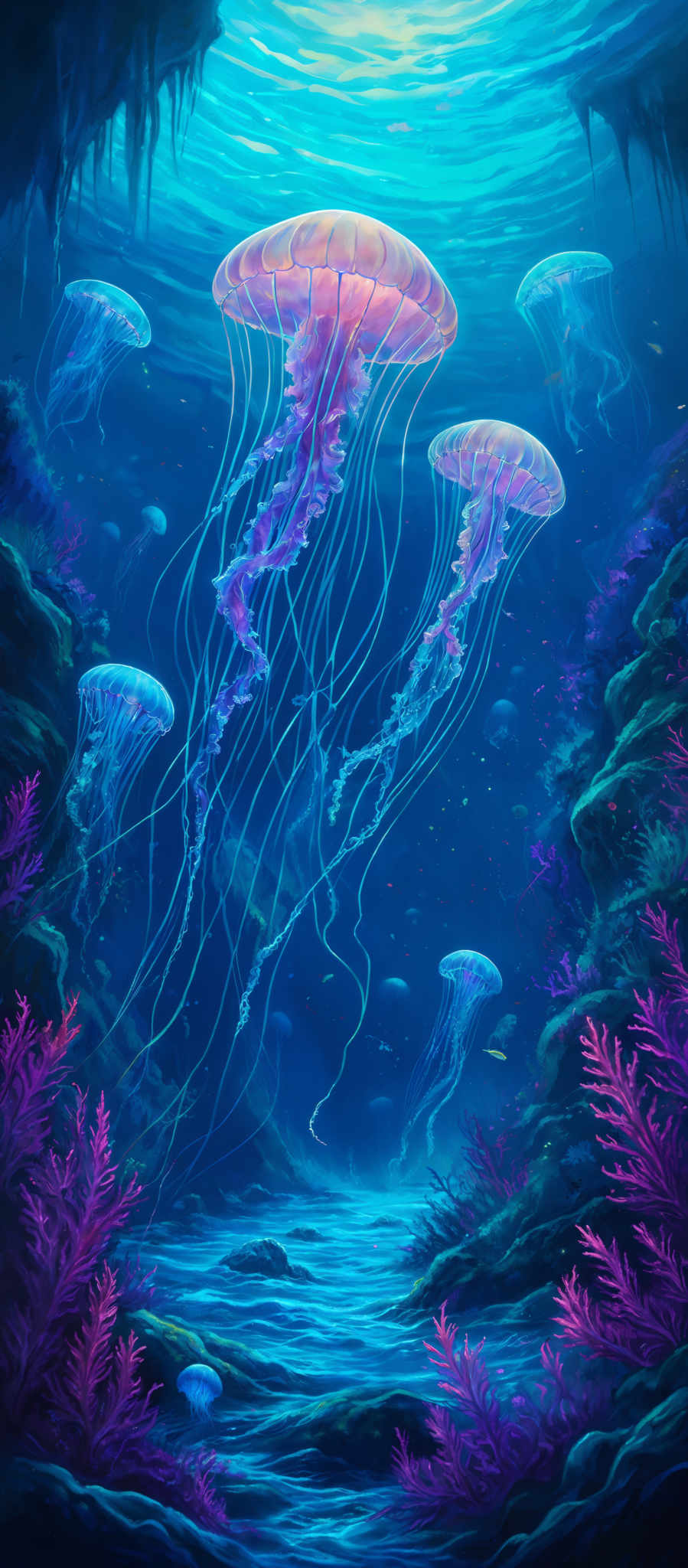 The image showcases a vibrant underwater scene. The dominant colors are various shades of blue, representing the deep ocean, and purples and pinks, representing underwater flora and jellyfish. The jellyfishe are translucent with a luminescent glow, and they float gracefully in the water. The background features an ocean floor with rock formations and coral reefs, all illuminated by the ambient light filtering from above.