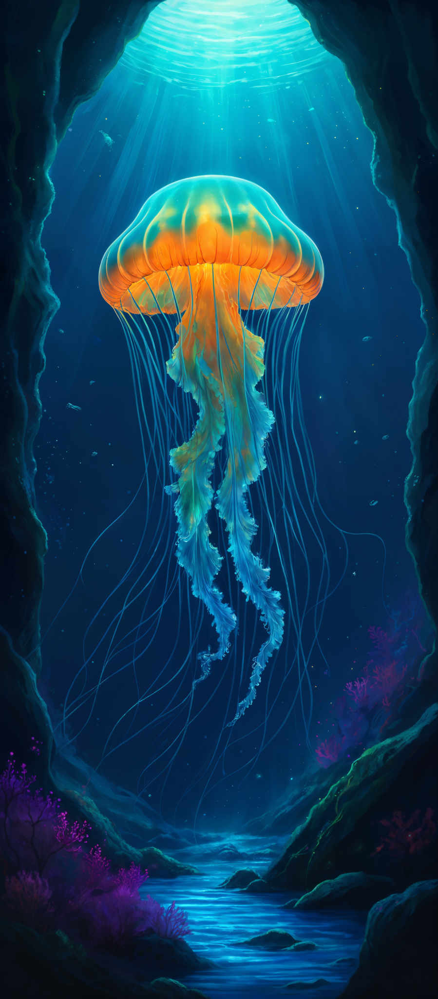 The image showcases a vibrant underwater scene. At the center, there's a large, luminescent jellyfish with an orange hue and delicate, translucent tentacles. The jelly fish is illuminated by the light filtering from above, creating a mesmerizing effect. Surrounding the jelly are various marine creatures, including small fish and coral formations. The backdrop is an enchanting cavern with an opening at the top, allowing sunlight to penetrate and create a shimmering effect on the water below. The color palette is dominated by deep blues, purples, and the warm glow of the jelLYfish.